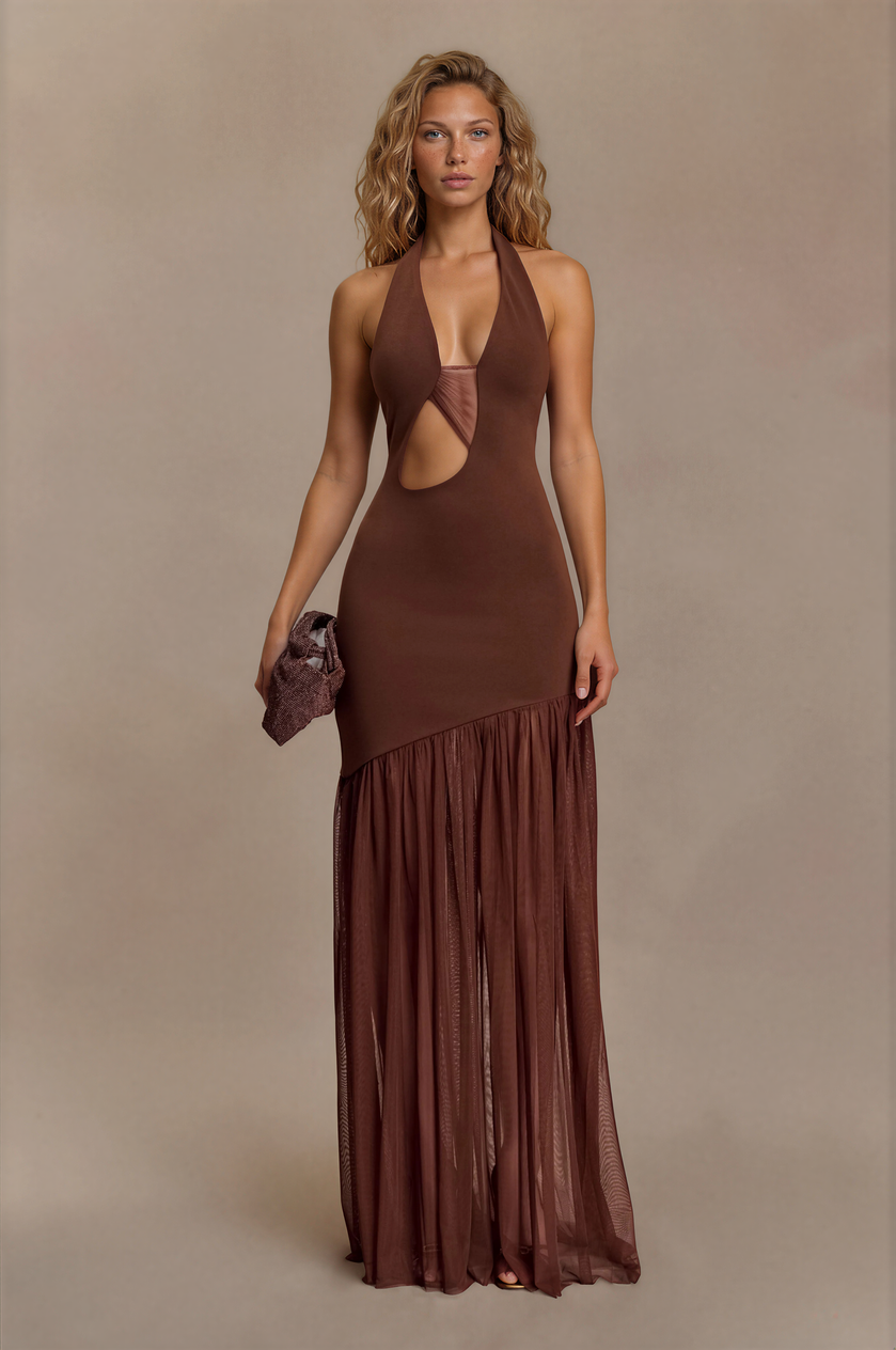 Fentho Jersey Splicing Mesh Halter Neck Cut-Out Maxi Dress