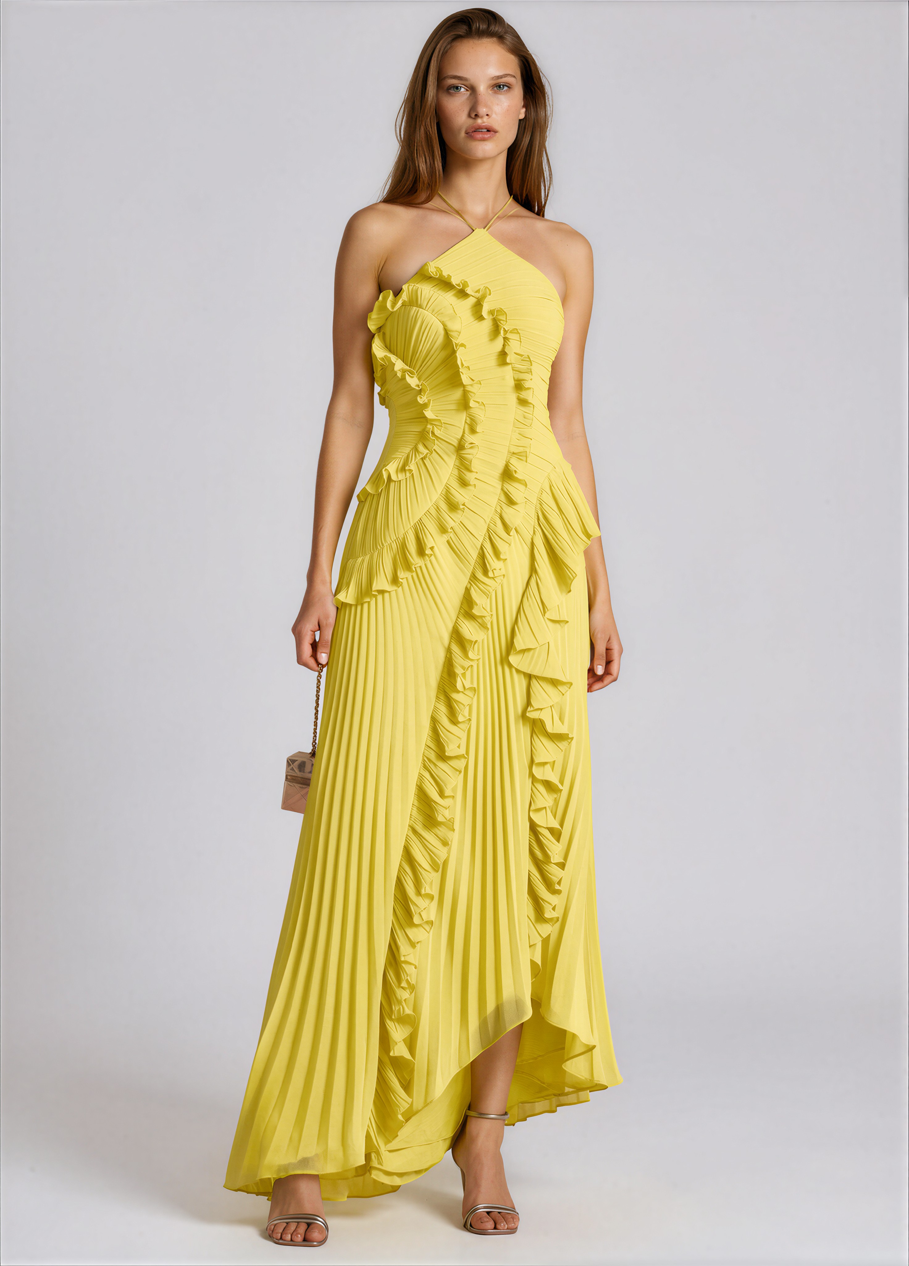 Raisin Yellow Ruffled Trim Pleated Midi Dress