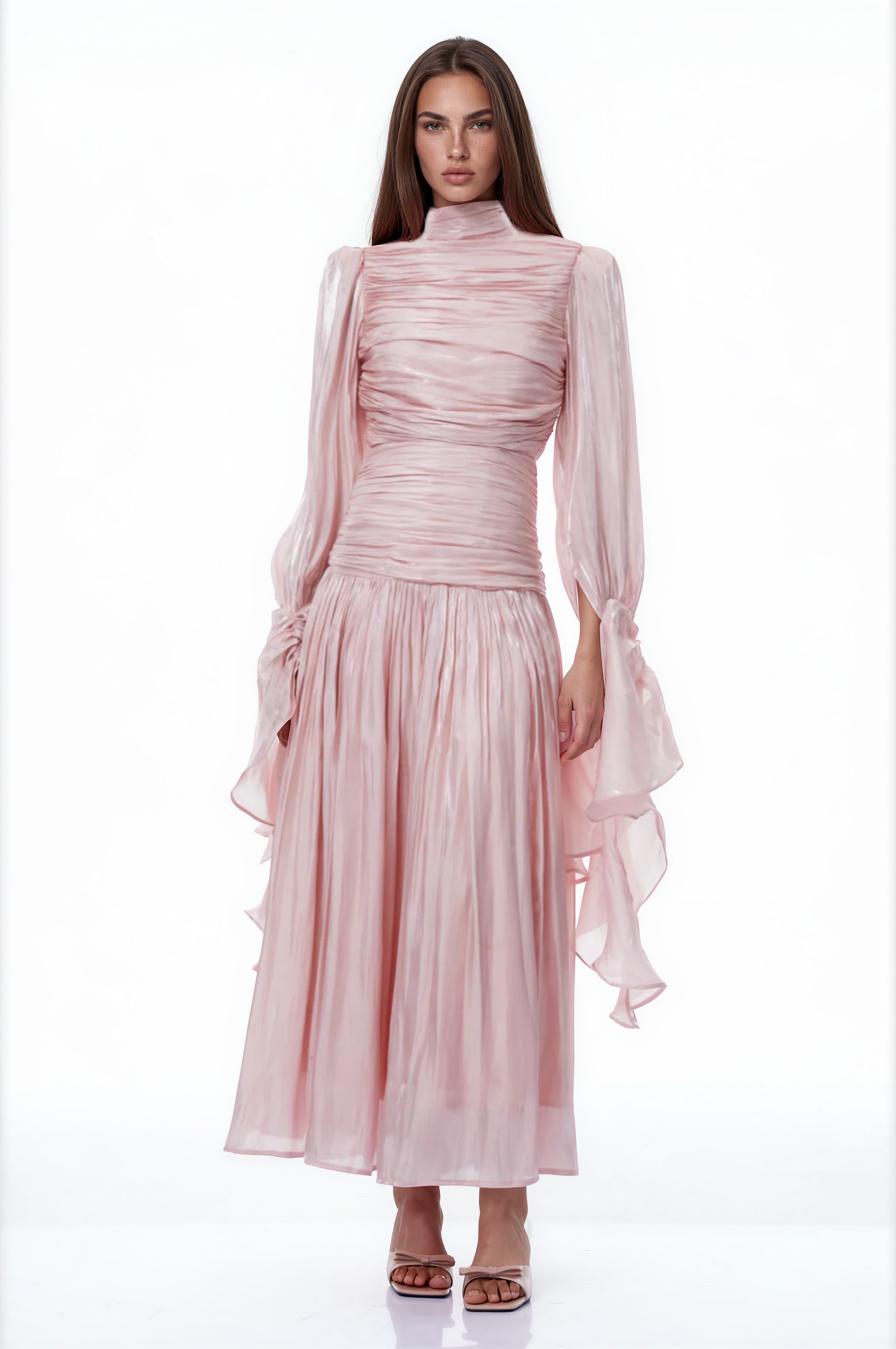 Anralzum Pink Glossy Ruched Maxi Dress