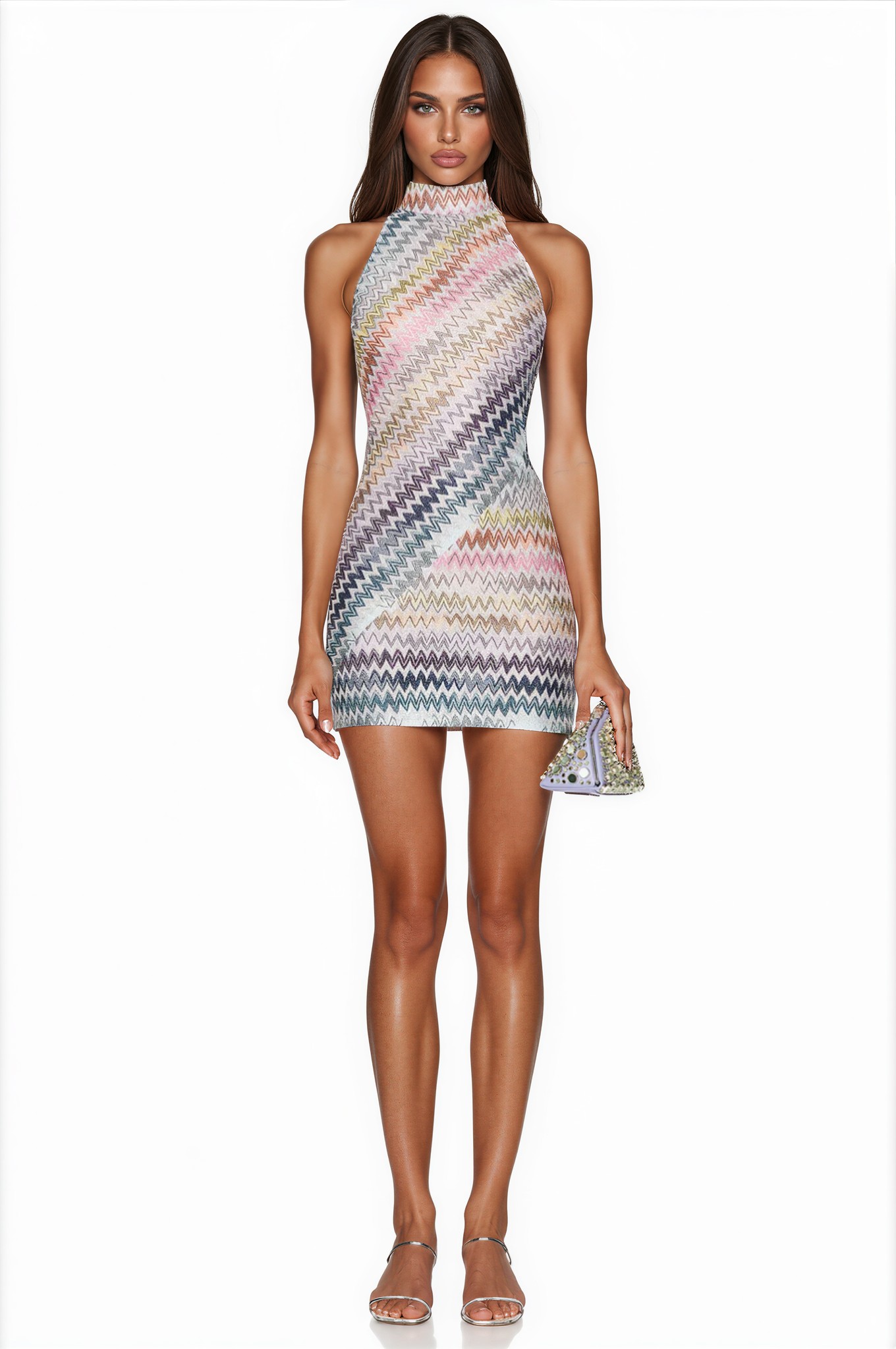 Puliko Vibrant Zigzag Halter Mini Dress