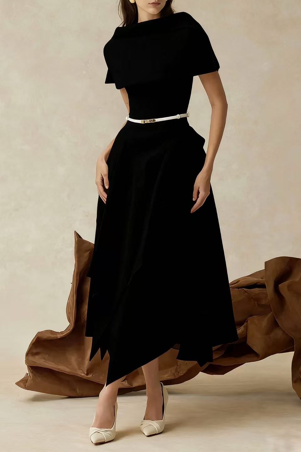 Vilhelmiina Black Asymmetrical Shawl & Tulle Panel Dress Set