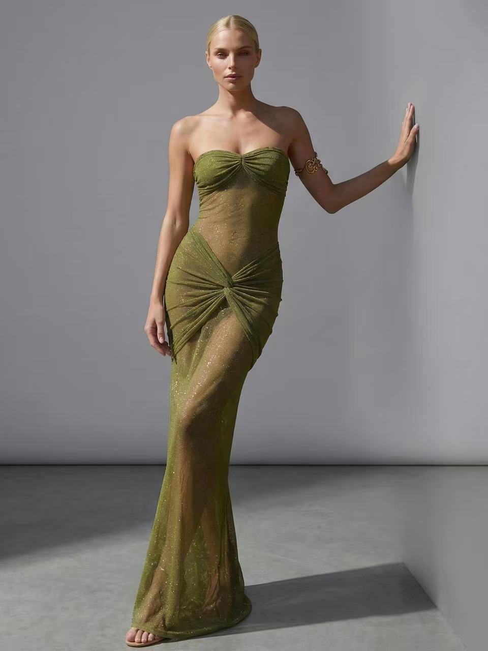 Aurora Strapless Sequin Maxi Dress In Green