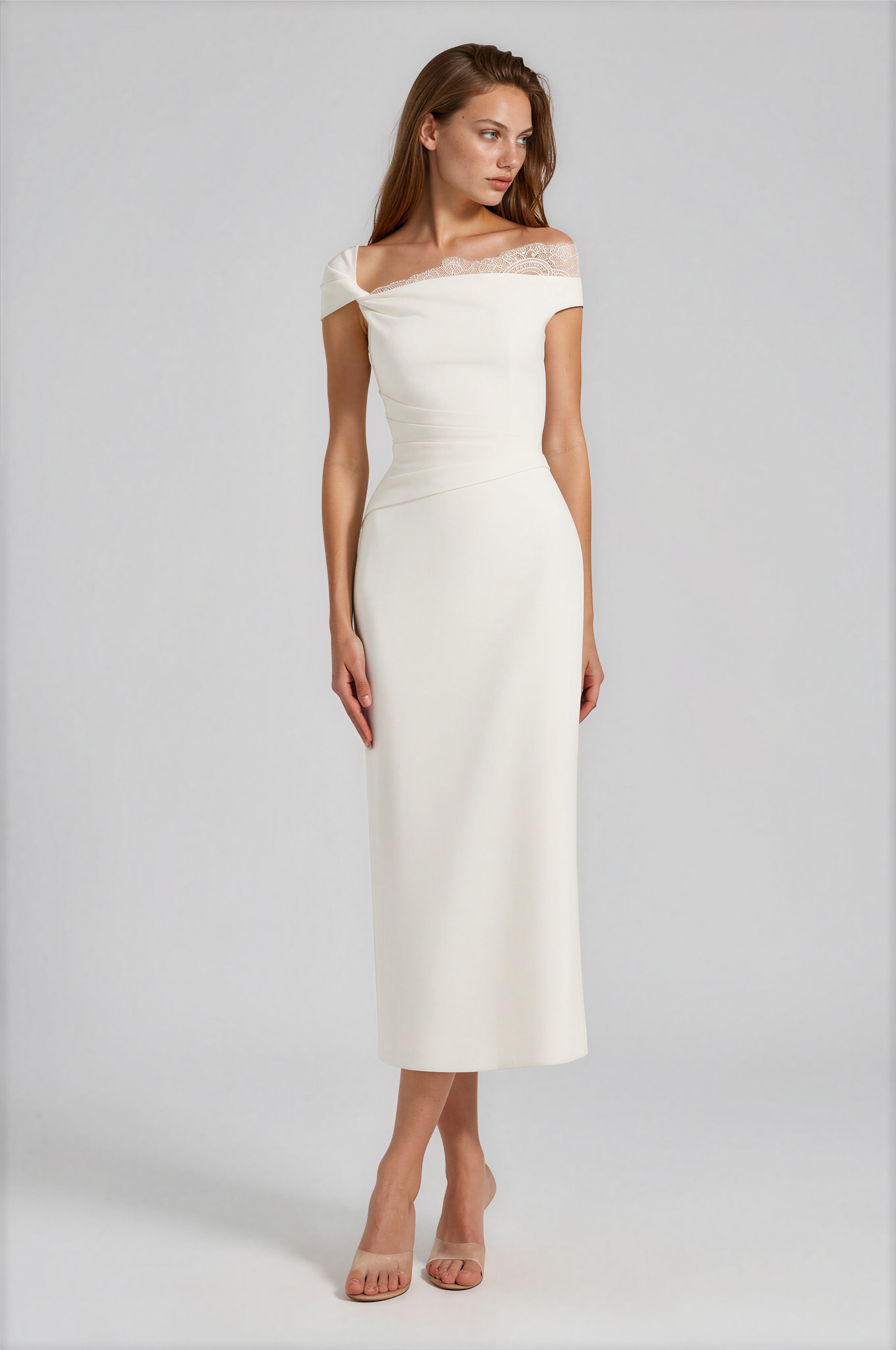 Rojolmo White One Shoulder Midi Dress with Lace Panels