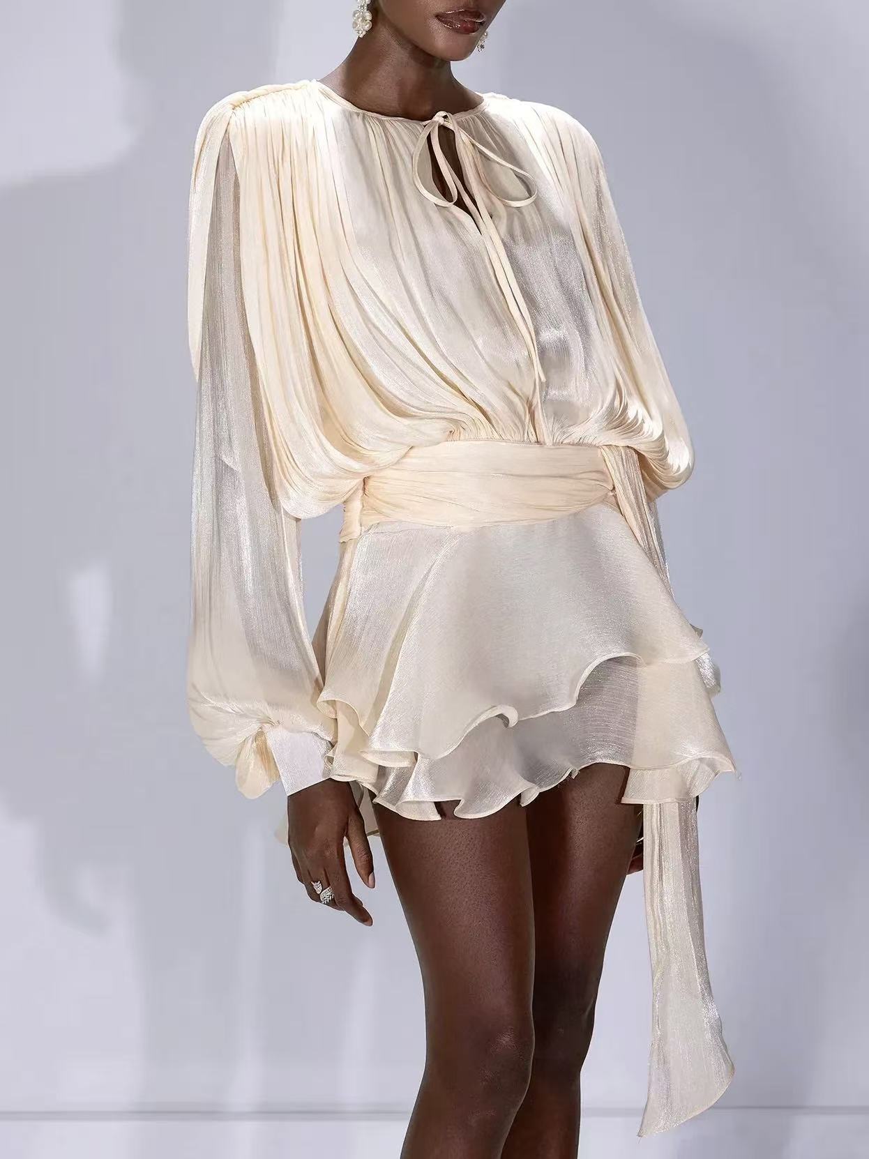 Roanna Long Sleeve Hollow Out Flounce Mini Dress