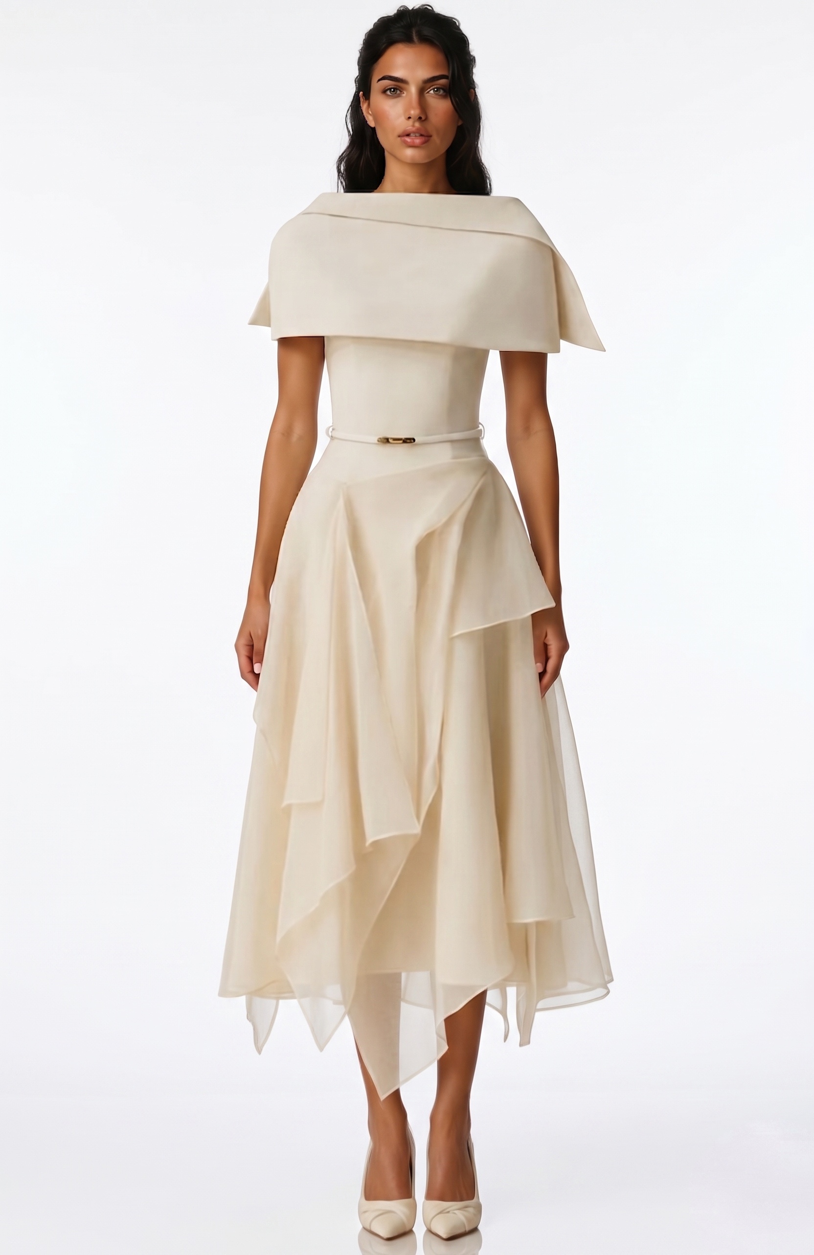 Inga White Asymmetrical Shawl & Tulle Panel Dress Set