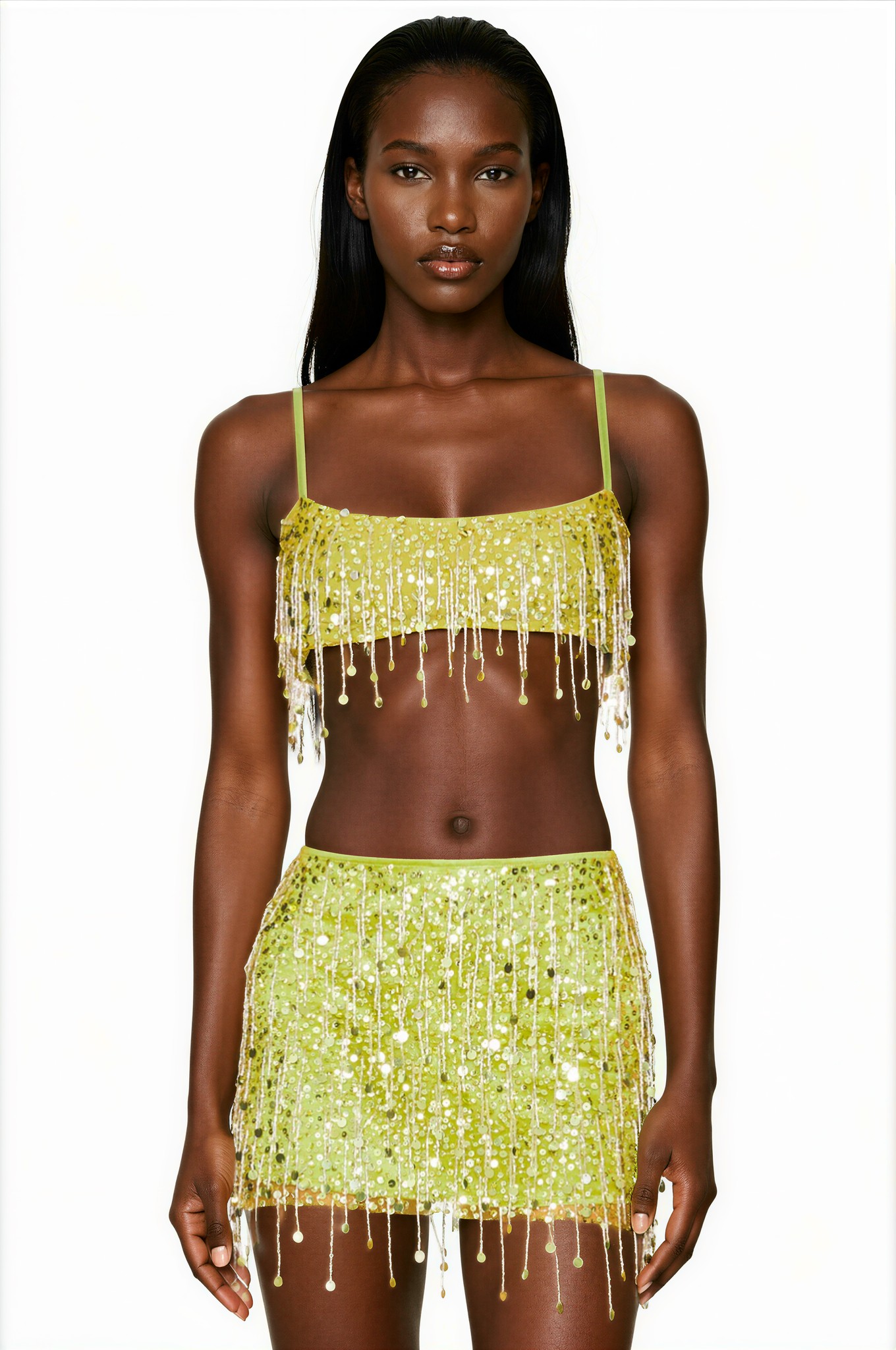 Christen Crystal Chain Fringe Split Skirt Set In Green