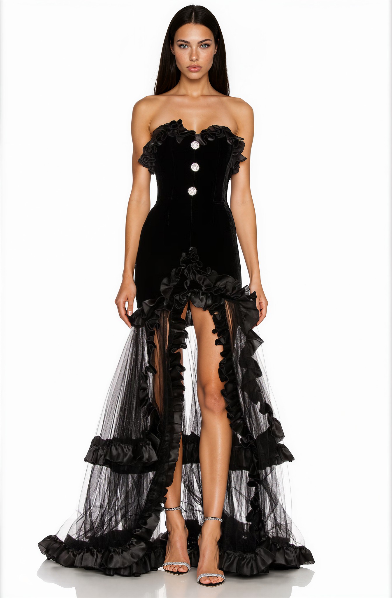 Audrey Ruffle Strapless Mesh Maxi Dress