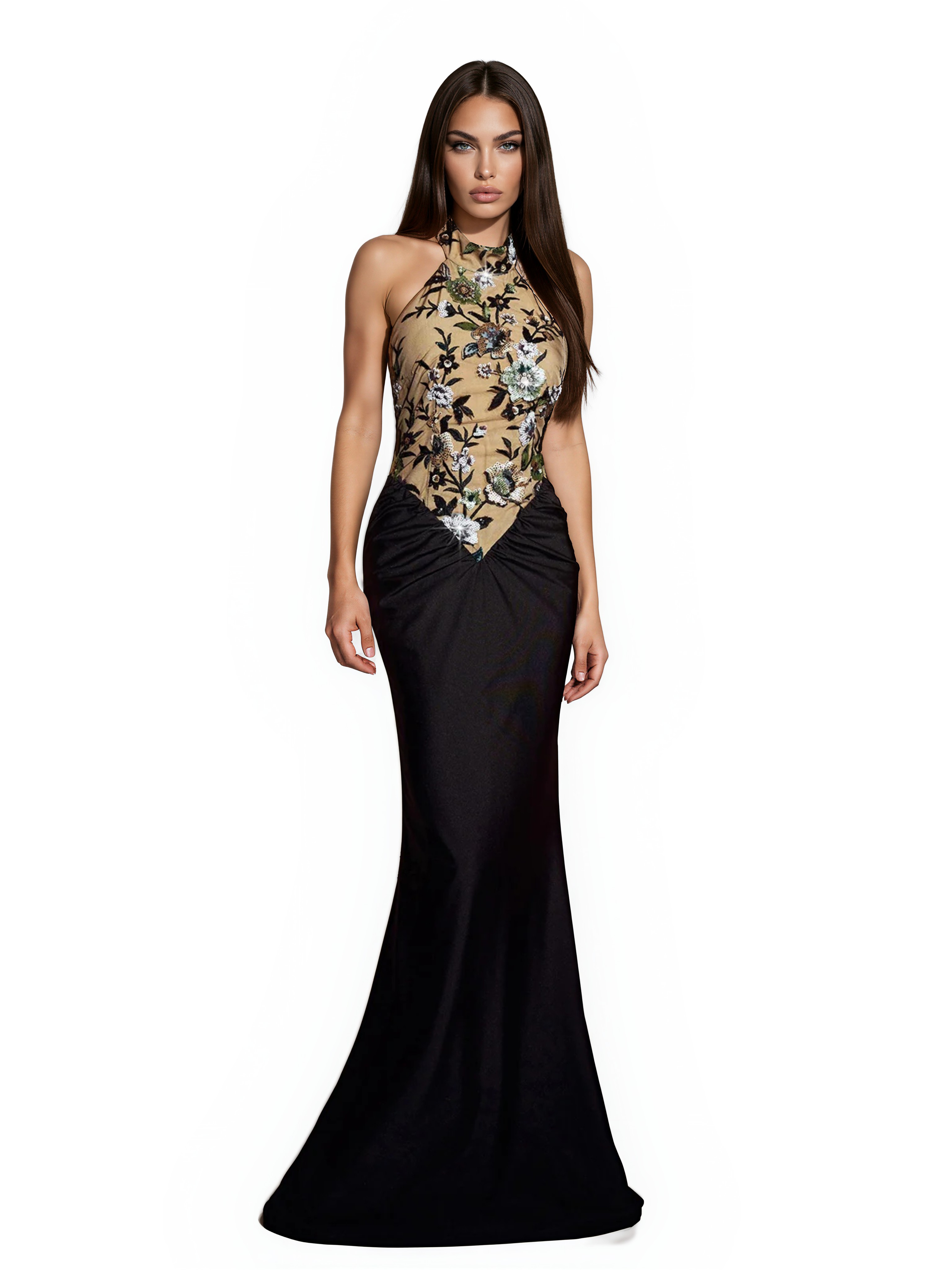 Arabell Halterneck Flower Embroidered Maxi Dress