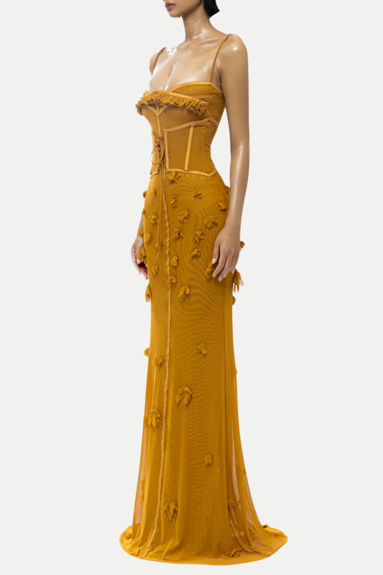 Ceslee Floral Corset Mesh Maxi Dress