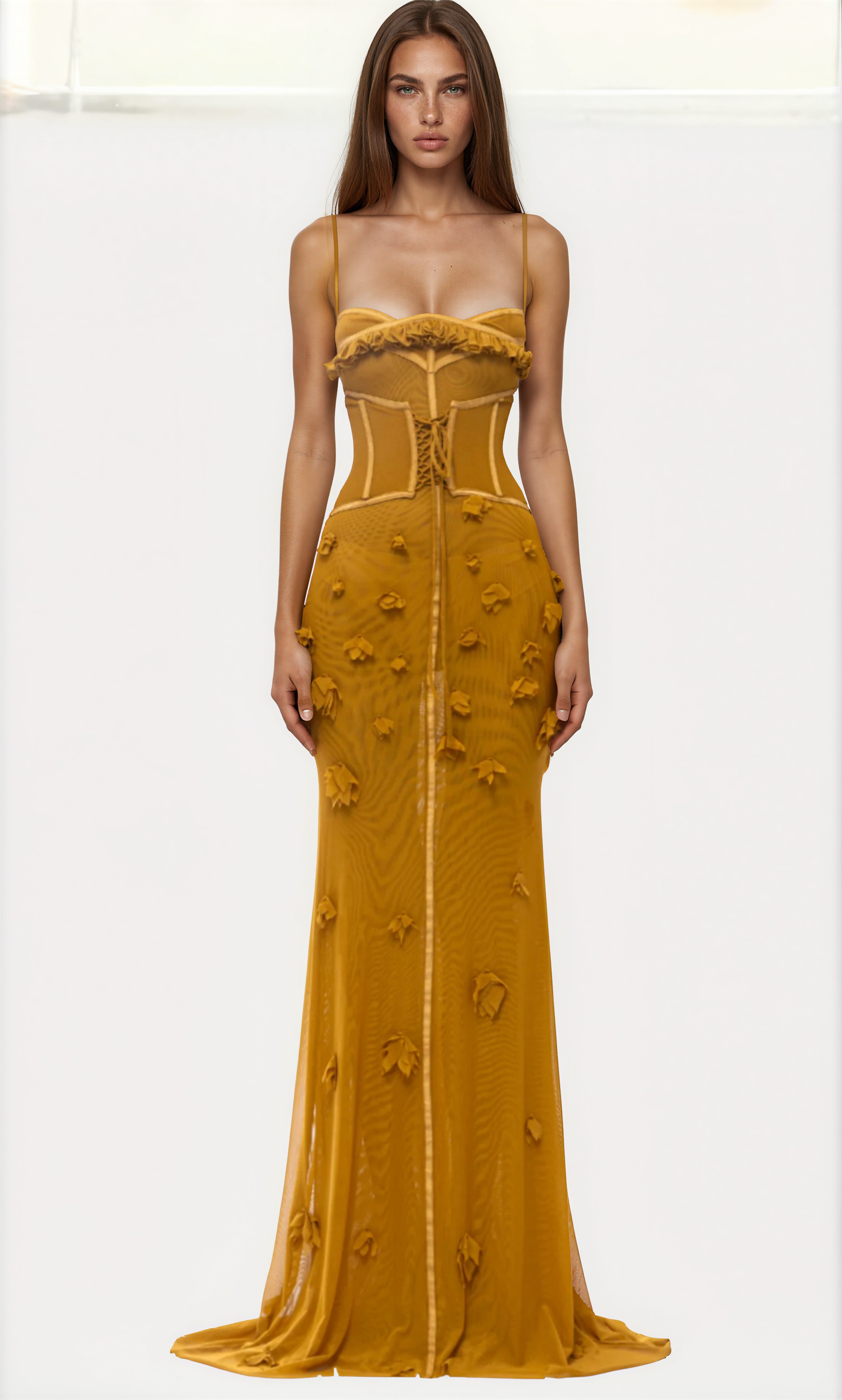 Ceslee Floral Corset Mesh Maxi Dress