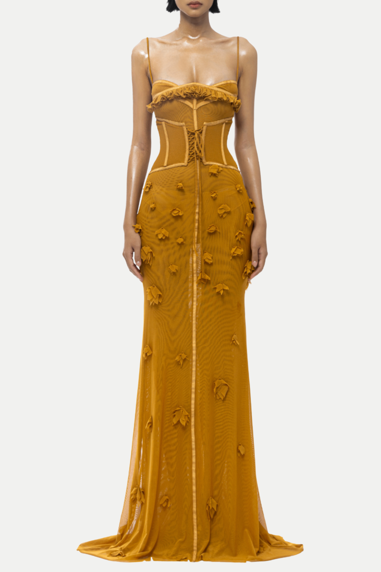 Ceslee Floral Corset Mesh Maxi Dress