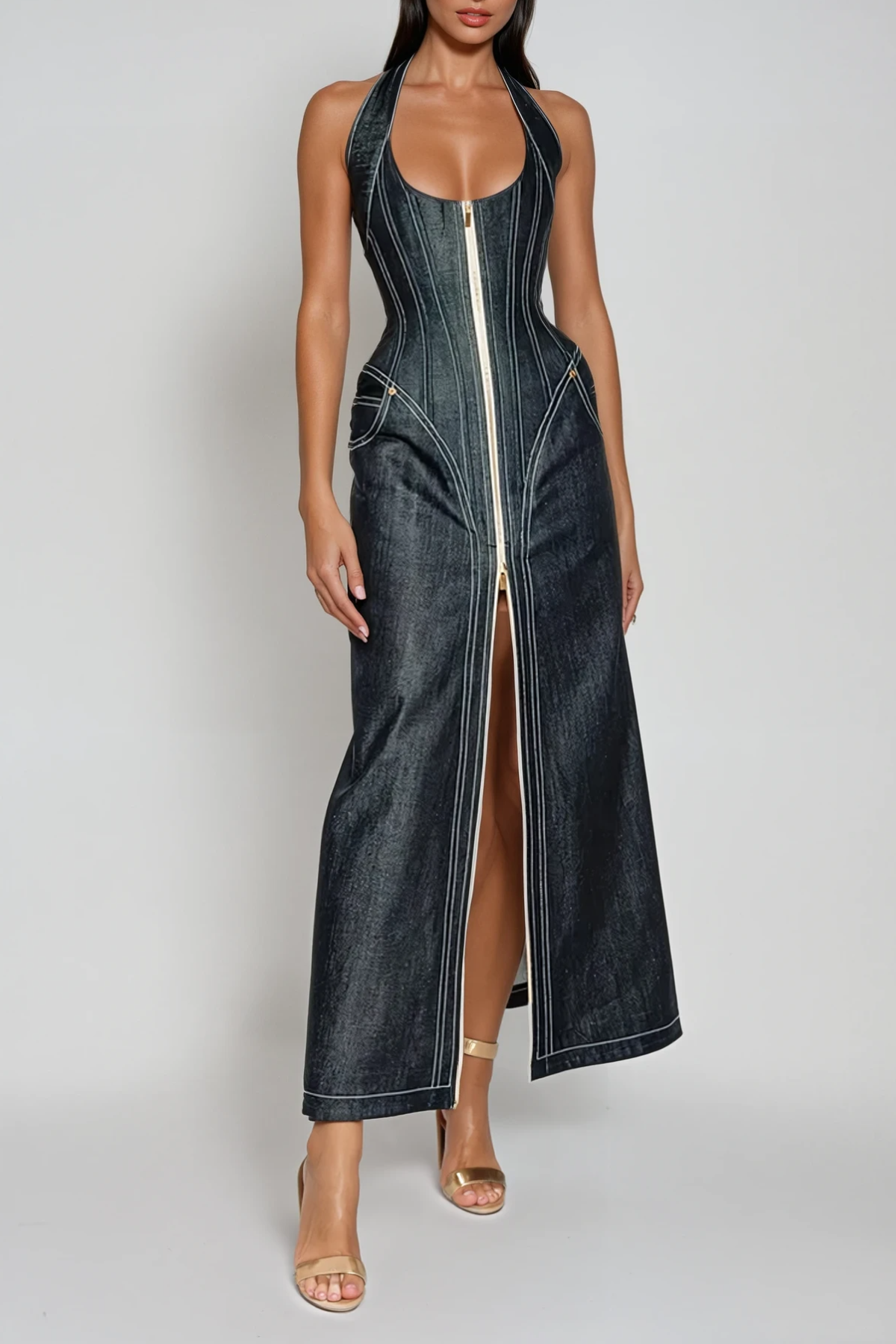 Bidelia Halter Neck Corset Denim Maxi Dress