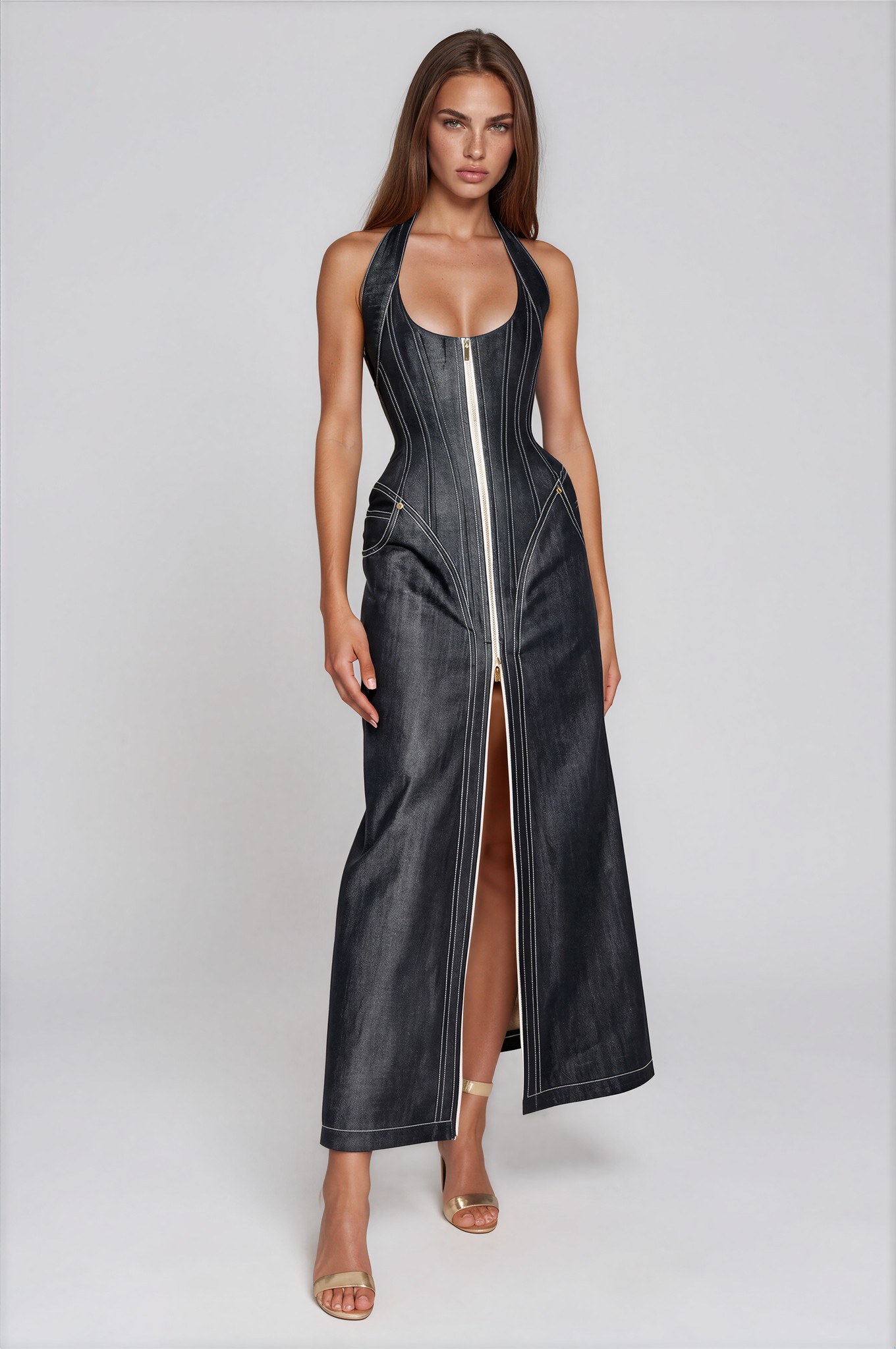 Bidelia Halter Neck Corset Denim Maxi Dress