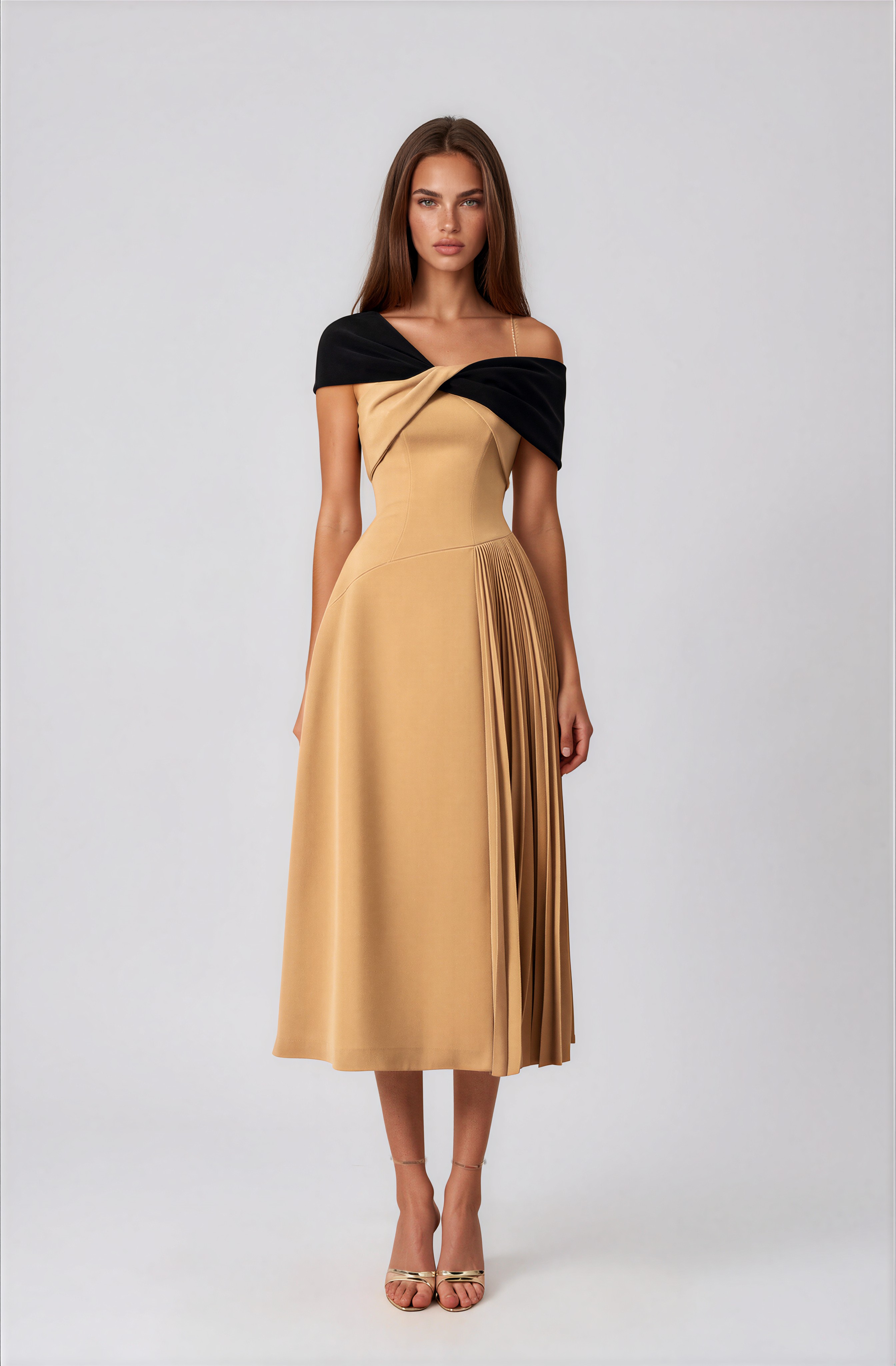 Djene Asymmetric Colorblock Pleated Midi Dress