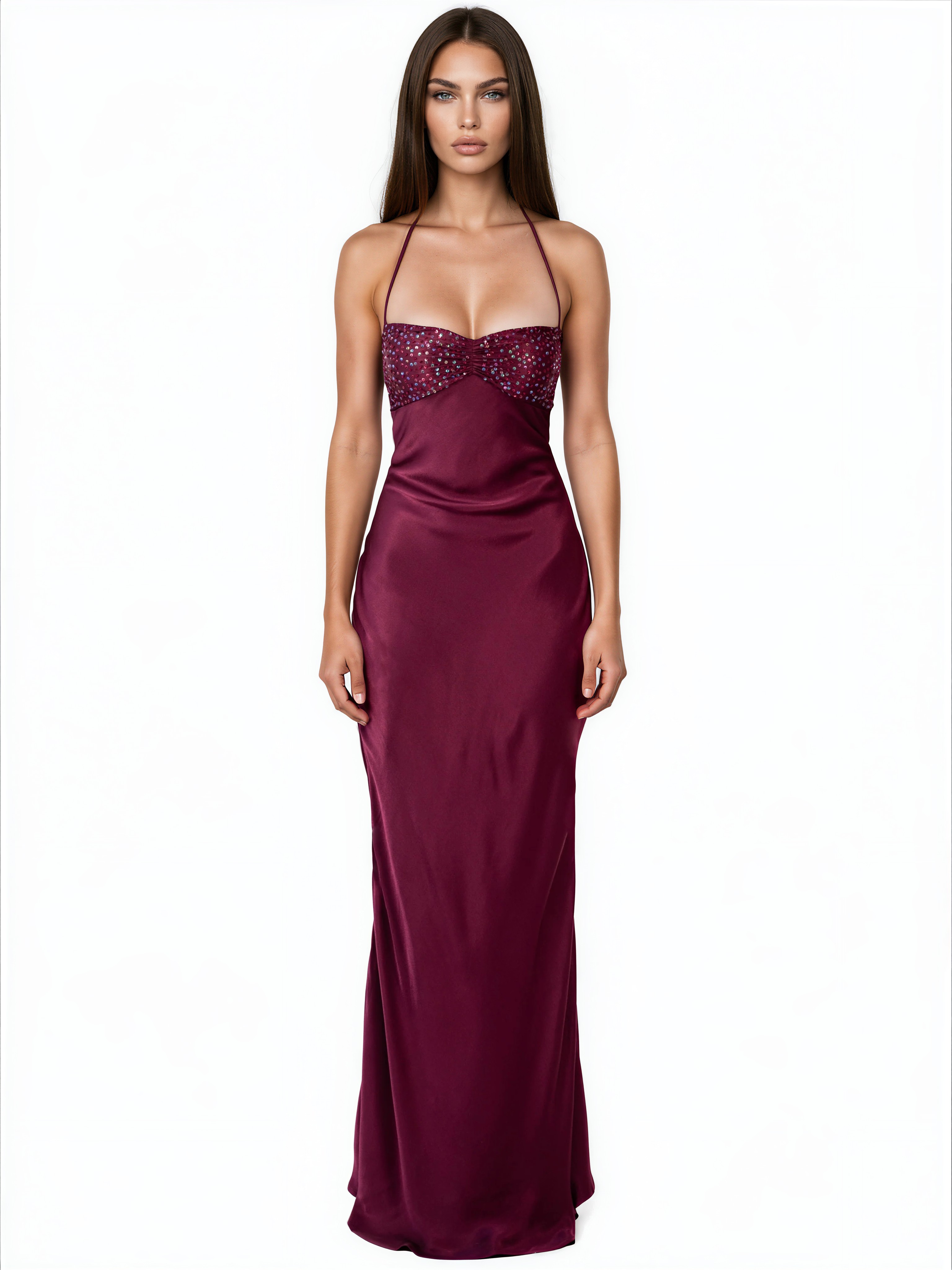 Dozen Halter Neck Sequin Satin Maxi Dress In Purple