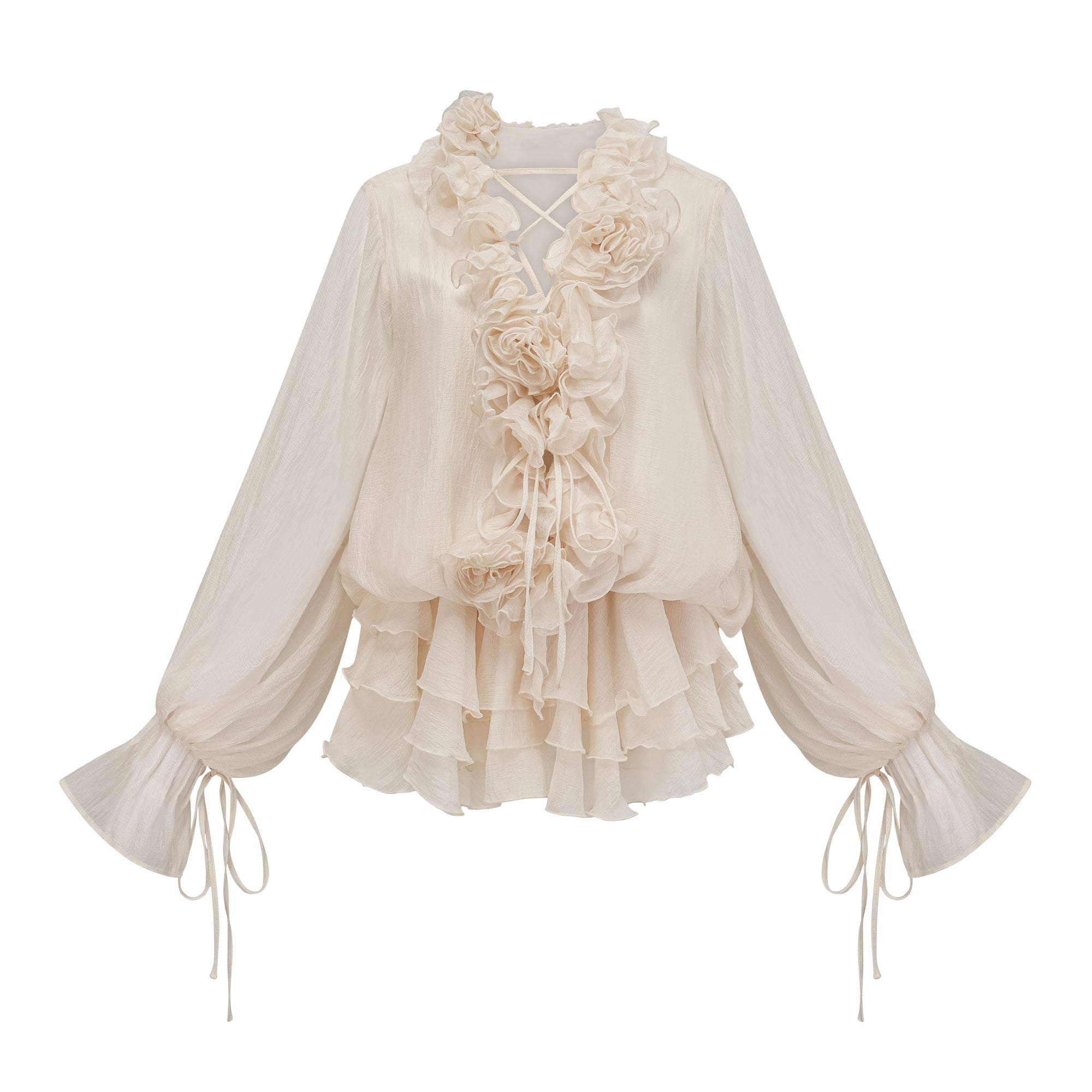 Misomo floral-appliqué tiered mini dress in Neutrals