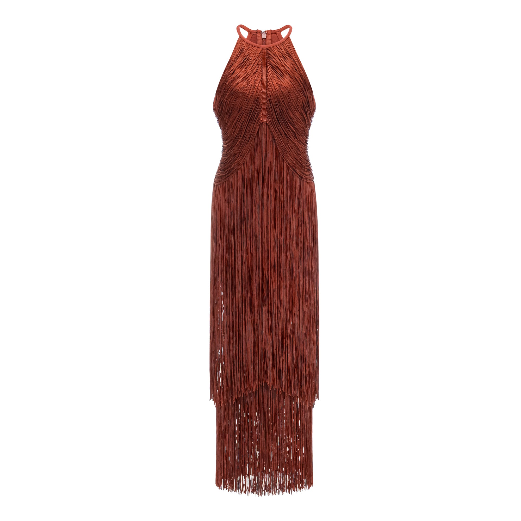 Delta Rusty Red Halterneck Fringed Maxi Gown