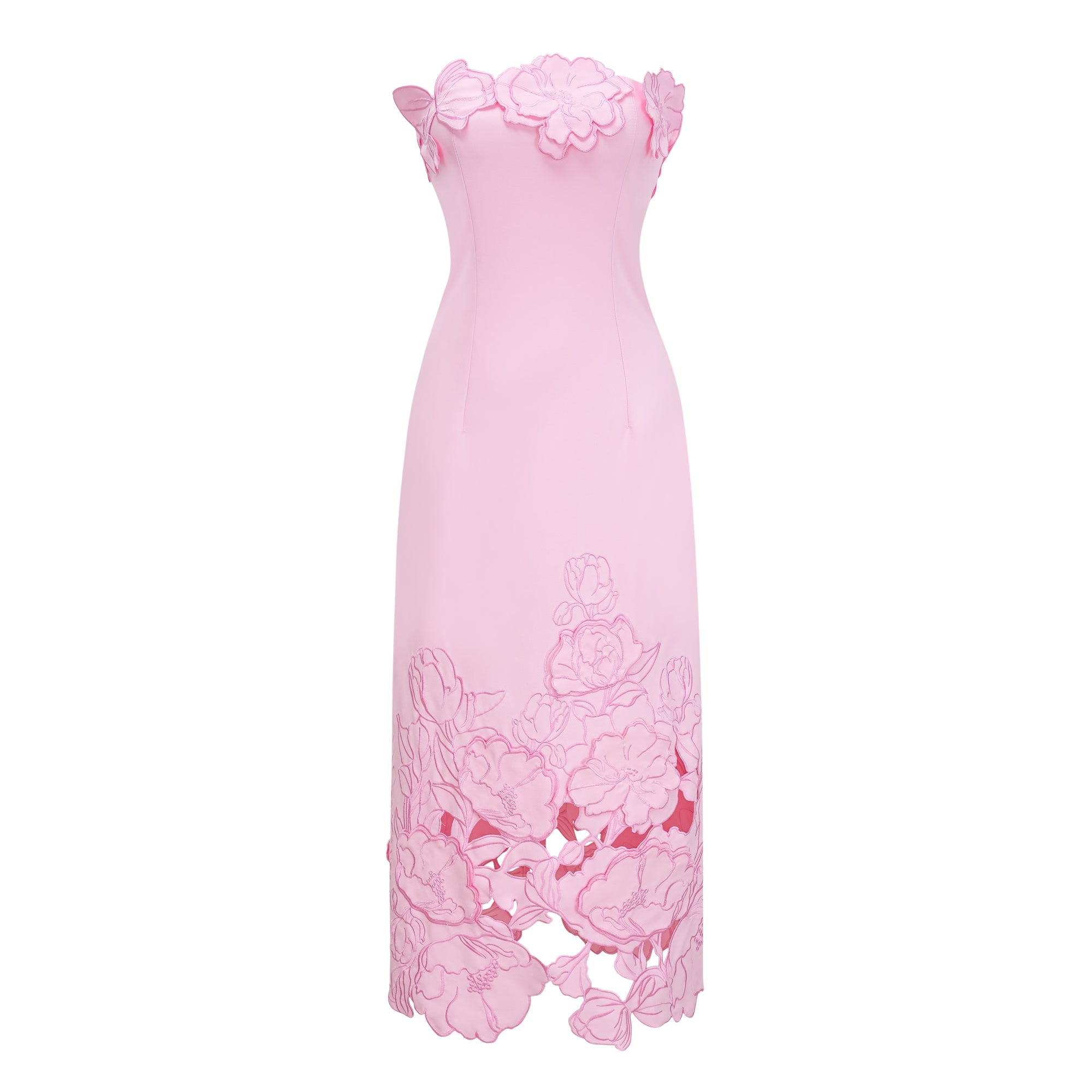 Ariza Pink Strapless Floral Embroidered Maxi Dress