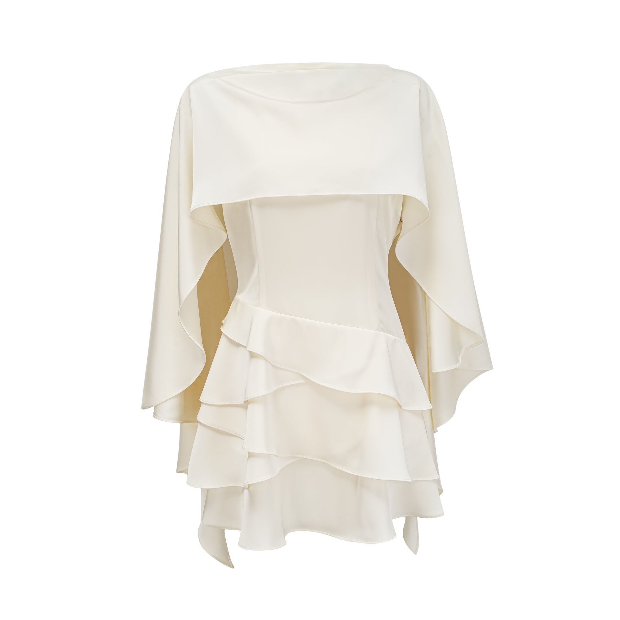 Automne White Satin Ruffled Mini Dress with Shawl Panel Detail