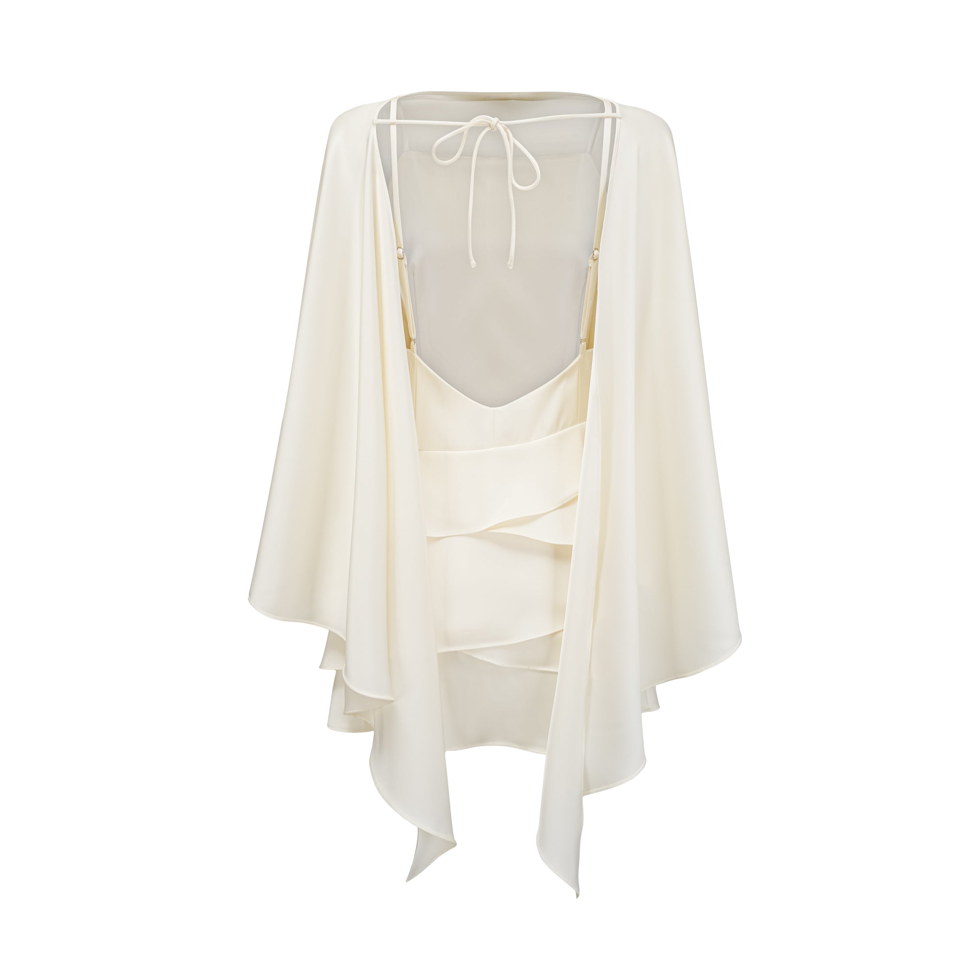 Automne White Satin Ruffled Mini Dress with Shawl Panel Detail