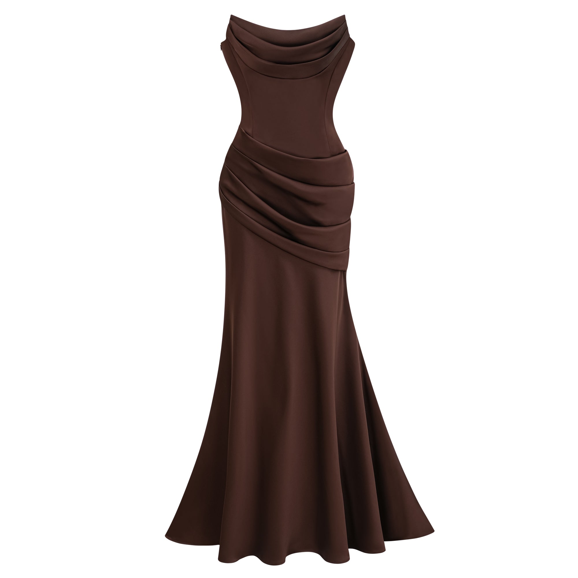 Fenella Brown Ruched Satin Maxi Dress