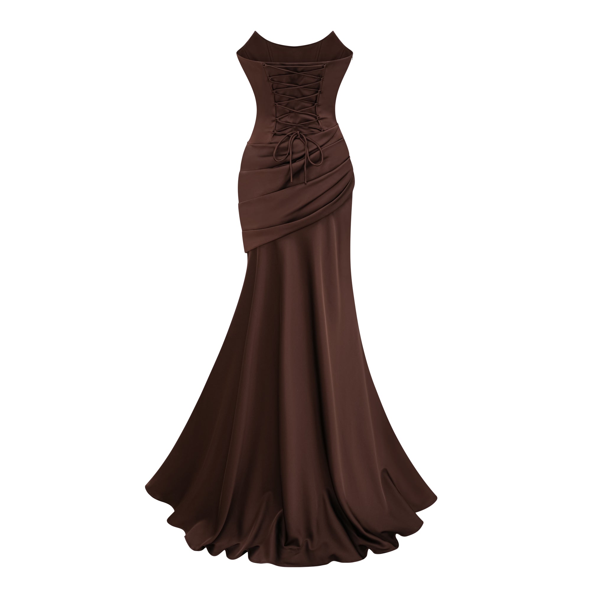 Fenella Brown Ruched Satin Maxi Dress