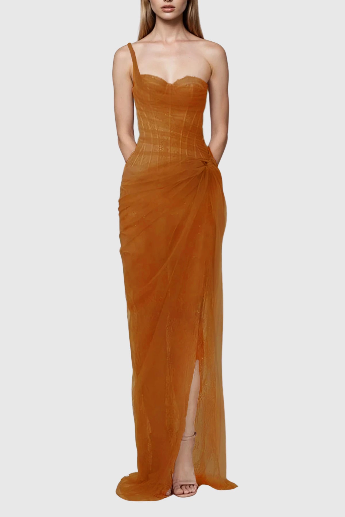 Zéphyrine One Shoulder Corset Mesh Maxi Dress In Brown
