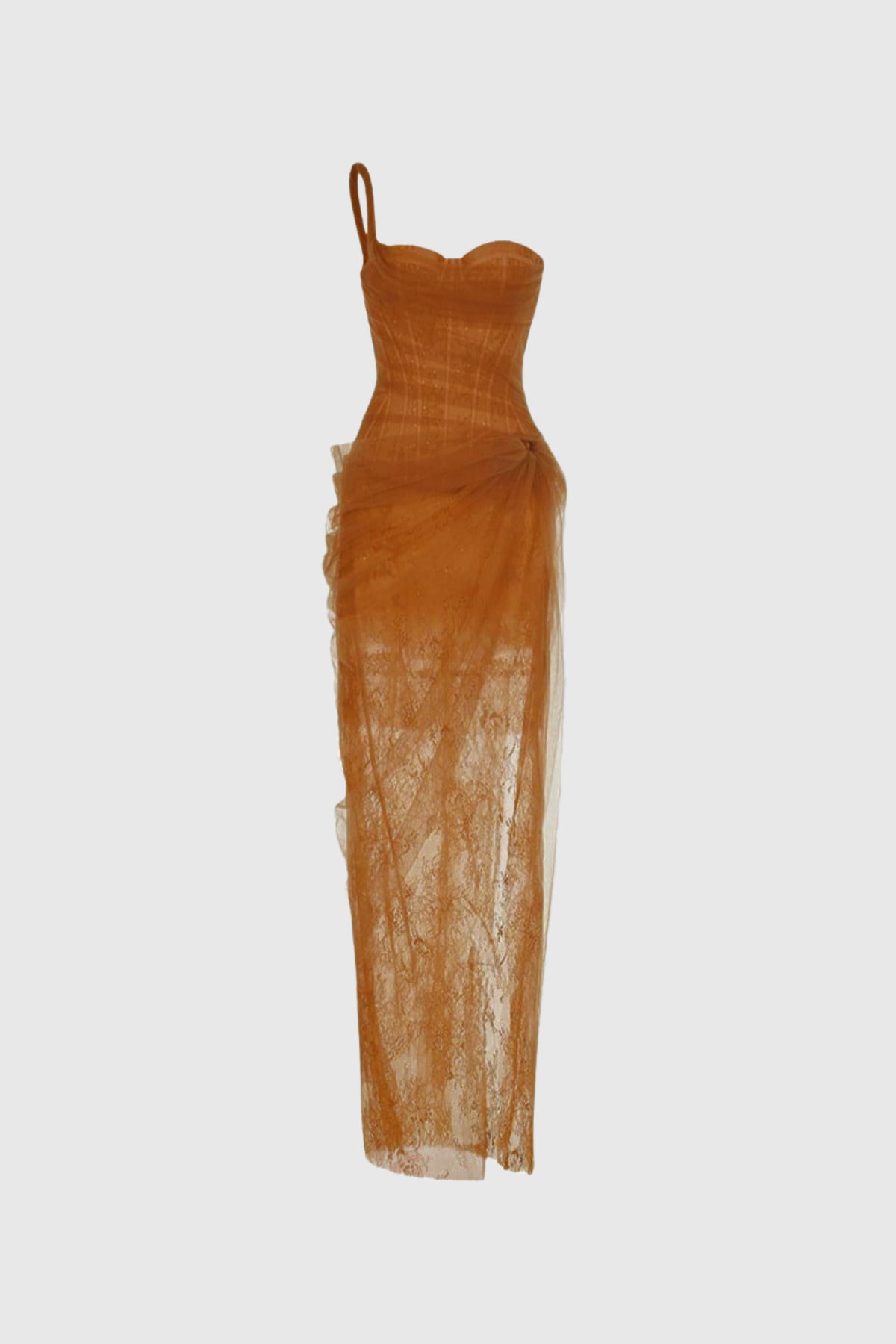 Zéphyrine One Shoulder Corset Mesh Maxi Dress In Brown