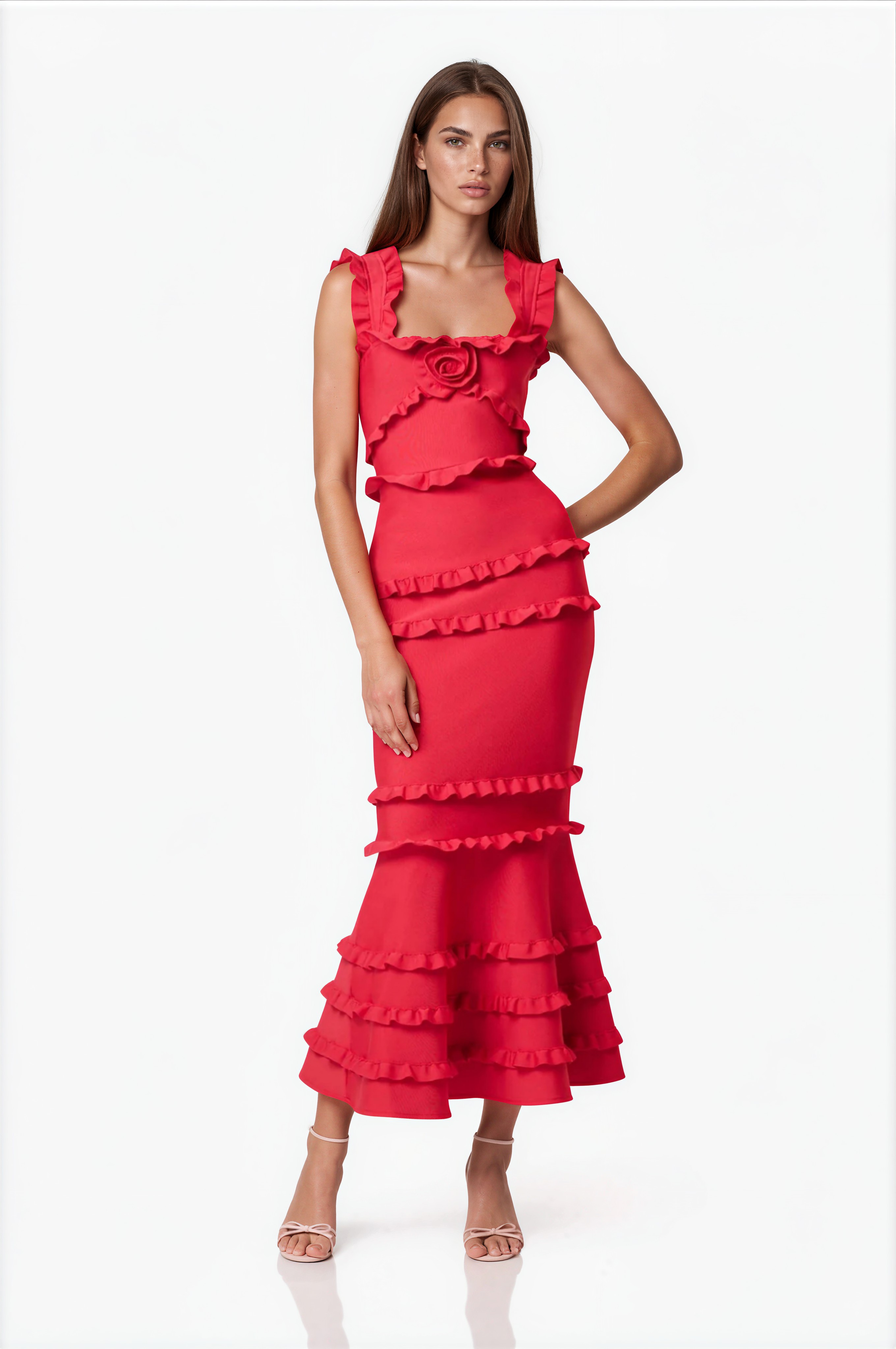 Saschaka Ruffle Flower Maxi Dress In Red