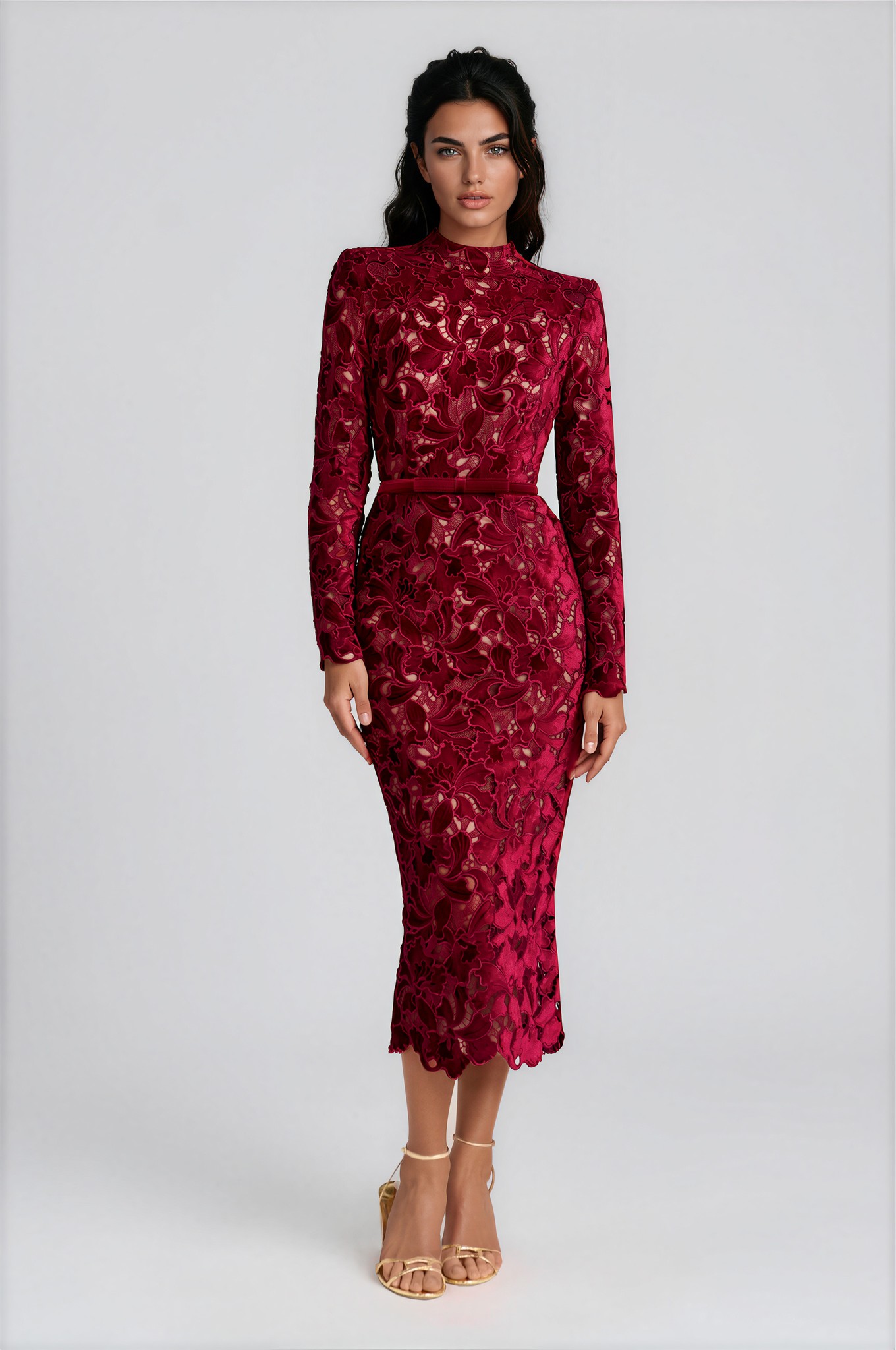 Pénélope Red Floral Embroidered Midi Dress