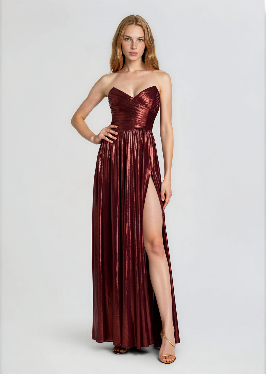 Okapi Strapless Pleated Metallic Maxi Dress