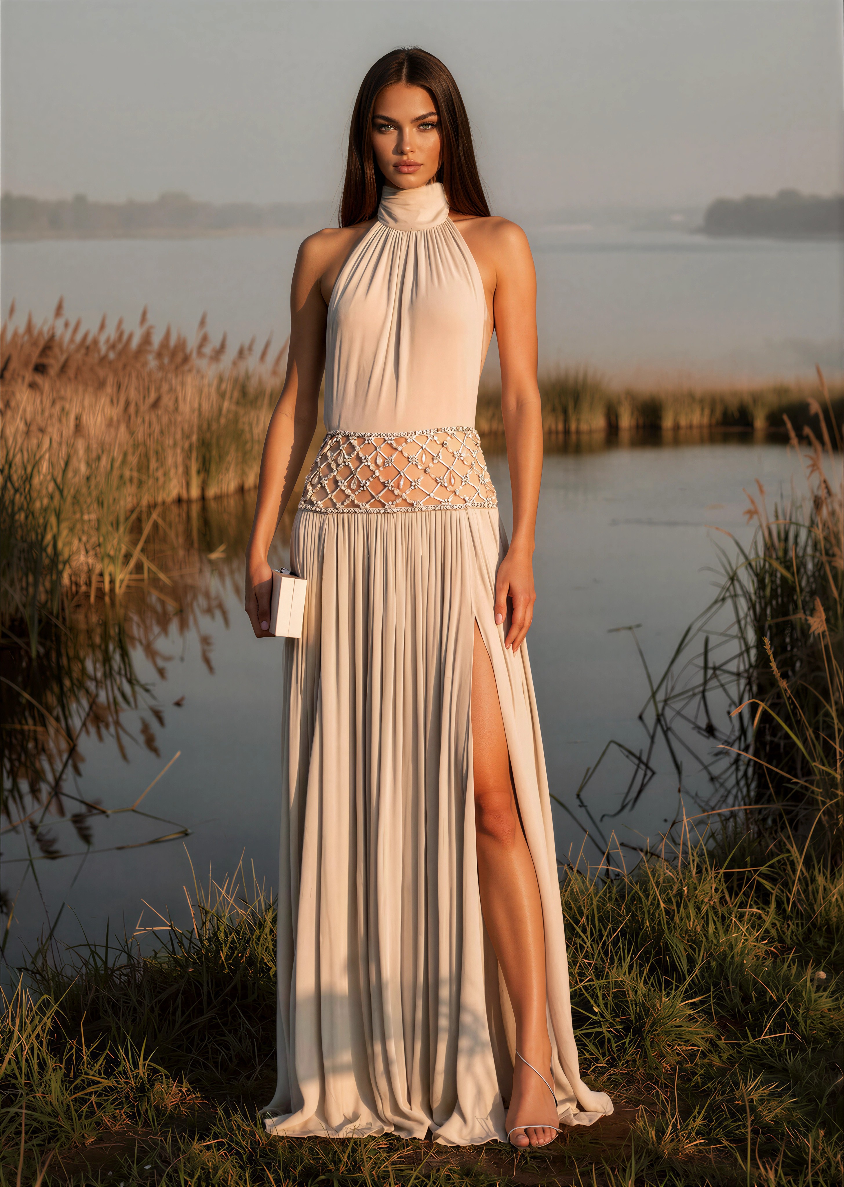 Sophjan Almond Grey Embellished Ruched Maxi Dress