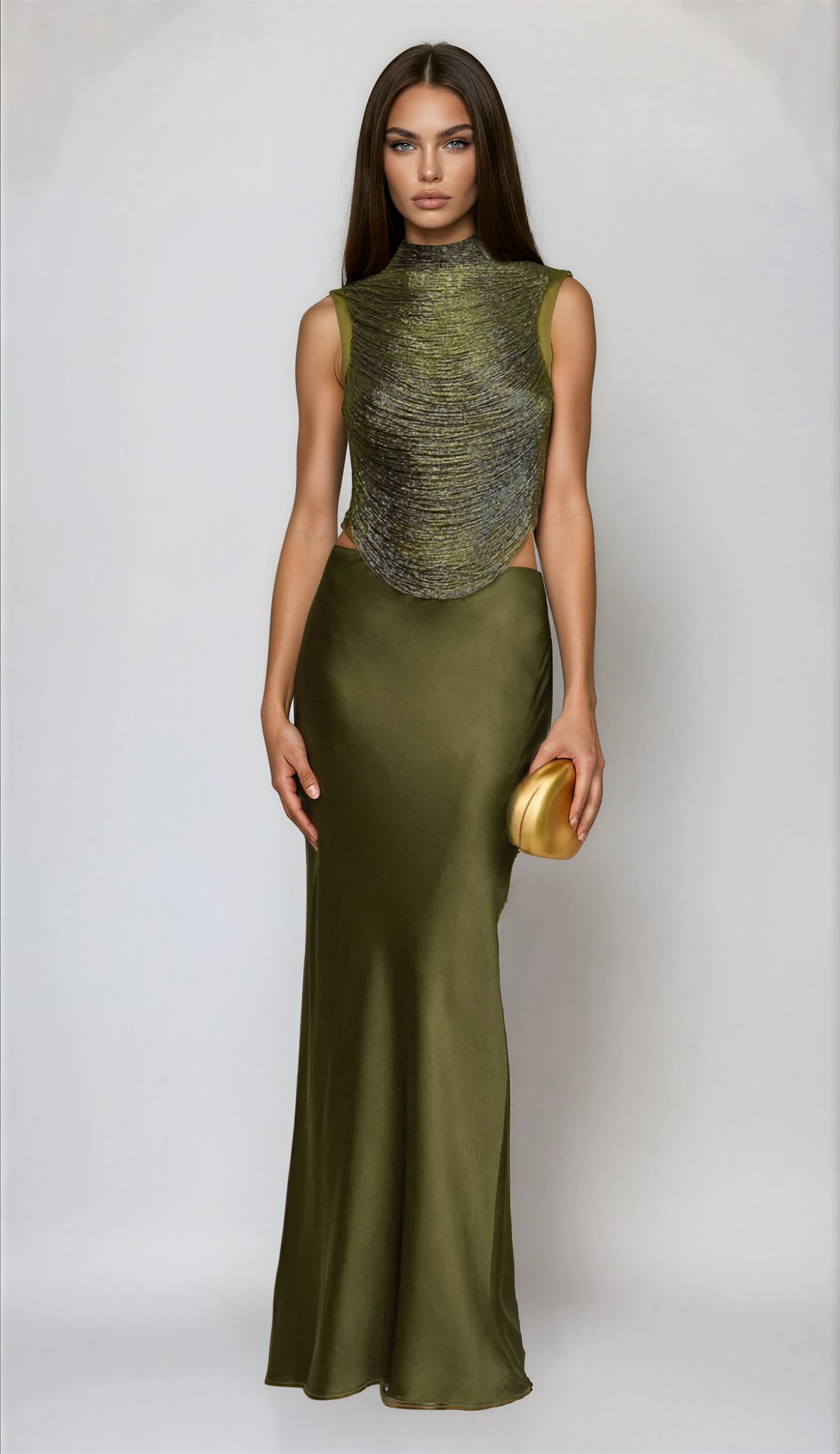 Ferdous Fringe Satin Skirt Set In Olive