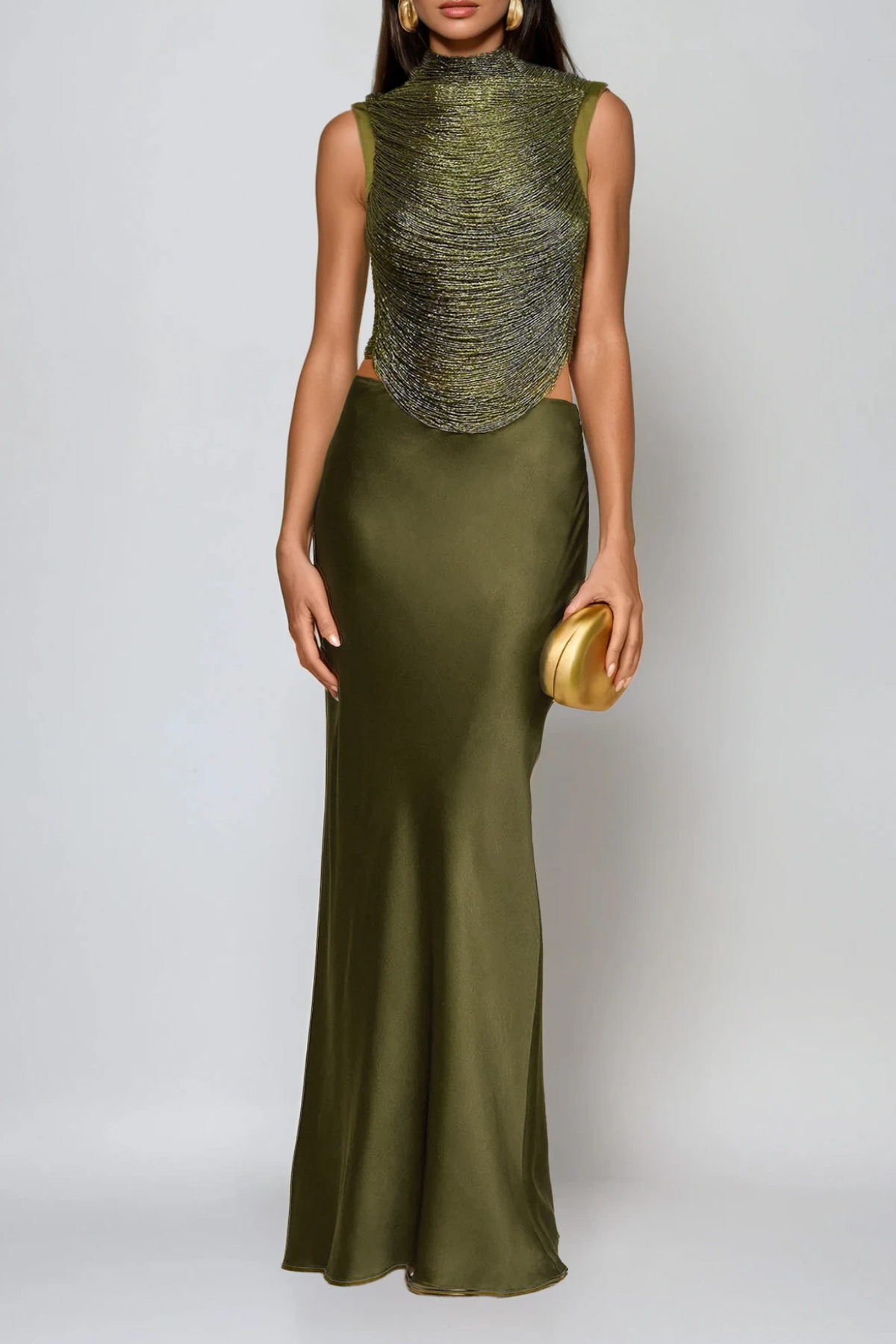 Ferdous Fringe Satin Skirt Set In Olive