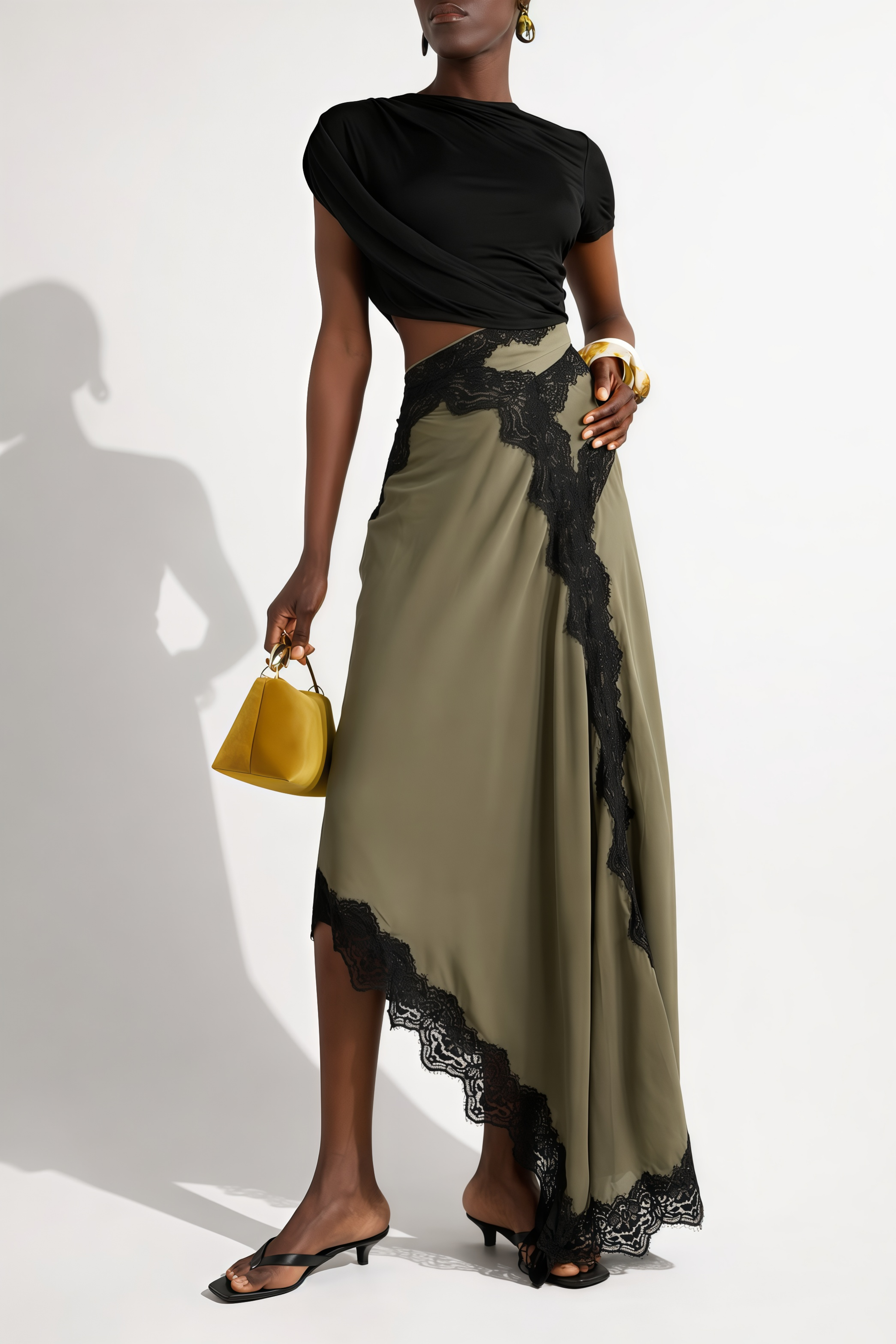 Emmalyn Black Gathered Lace Panel Maxi Dress