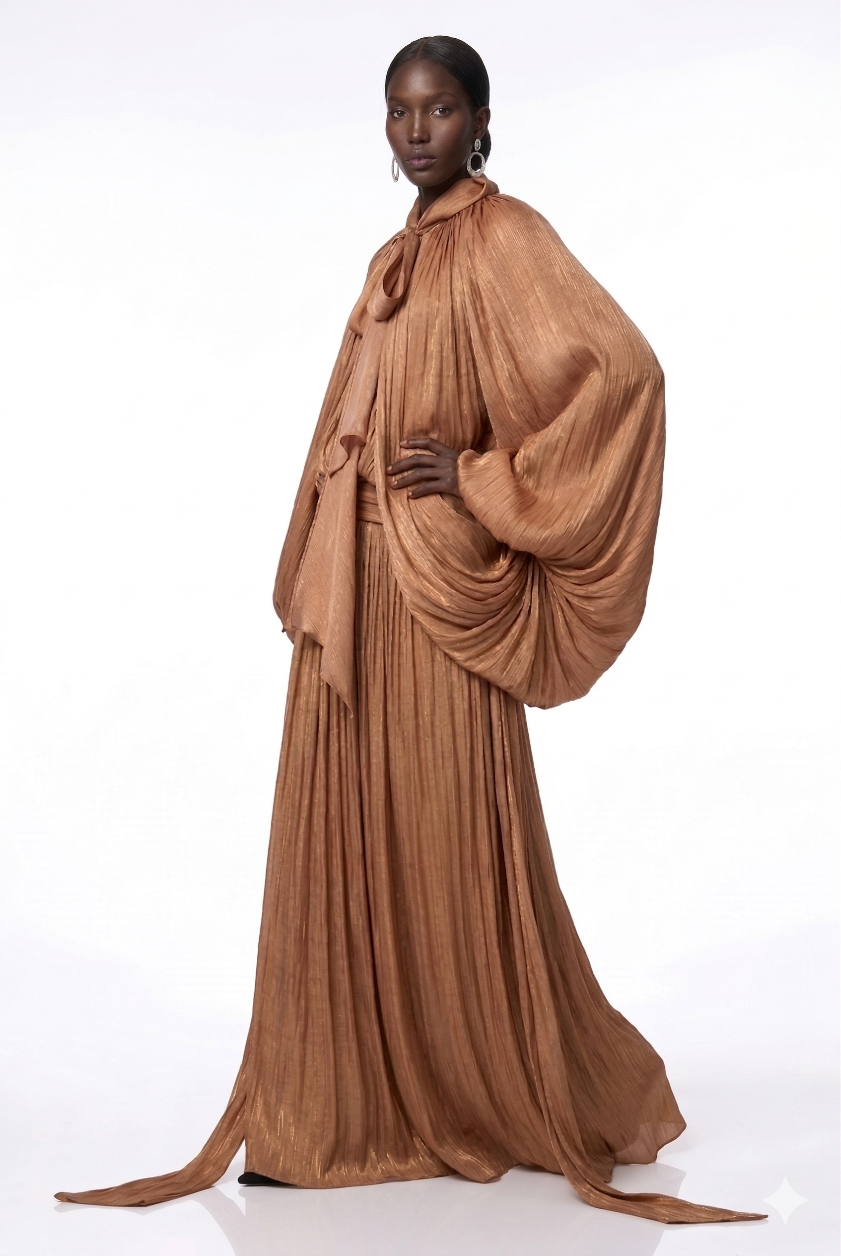 Aqil Brown Pleated Satin Maxi Dress