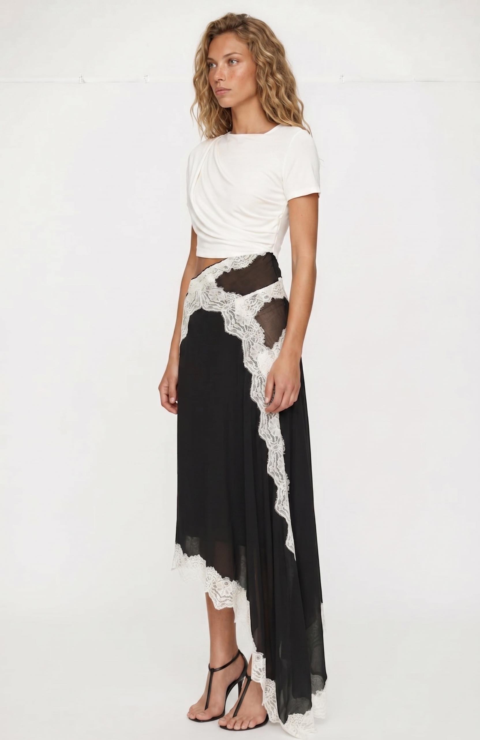 Fouzia Asymmetric Lace Satin Maxi Dress In Black