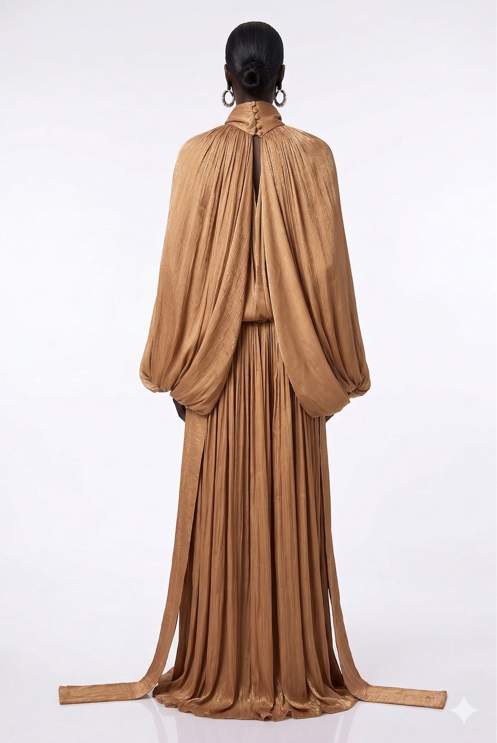 Aqil Brown Pleated Satin Maxi Dress