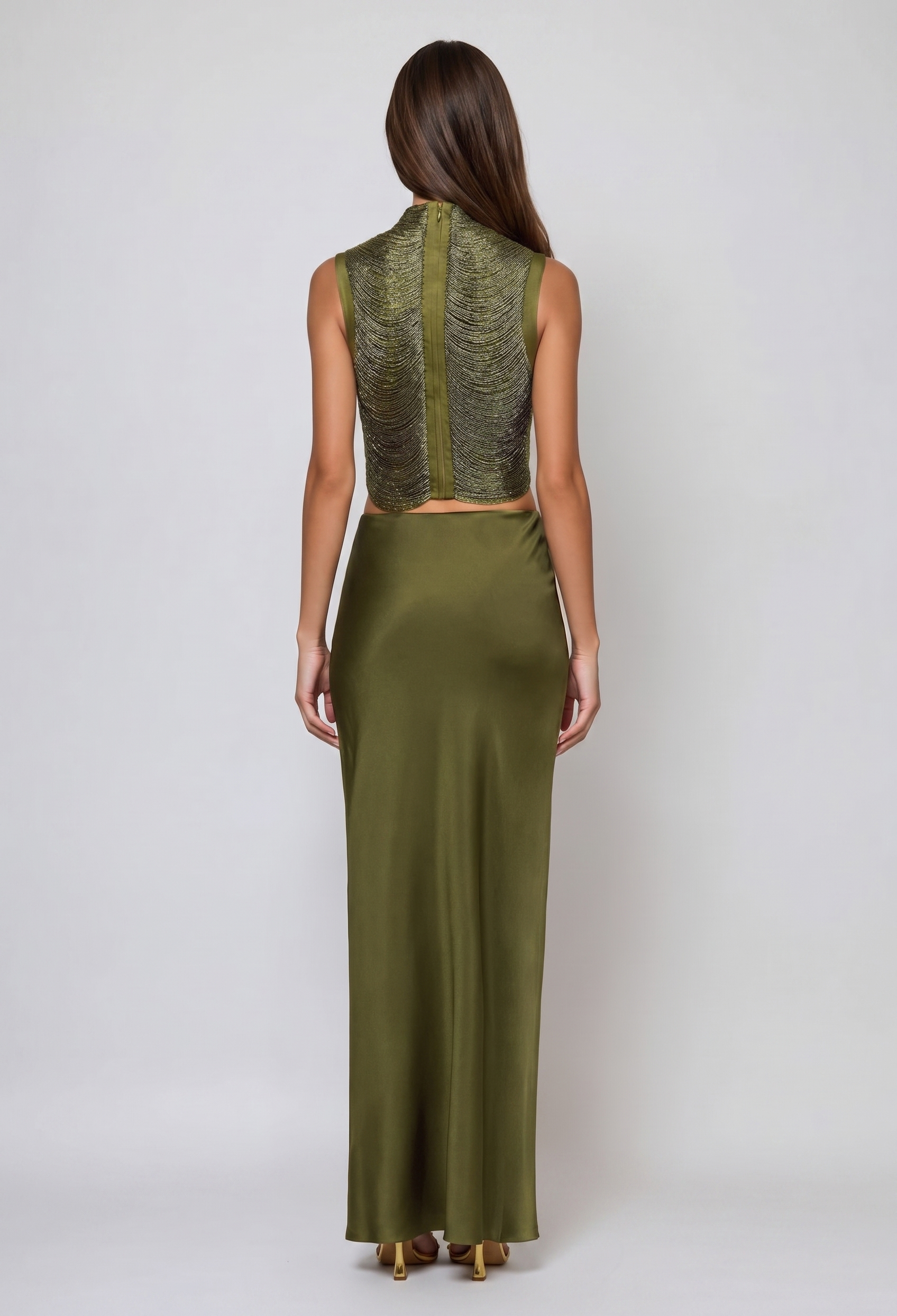 Ferdous Fringe Satin Skirt Set In Olive