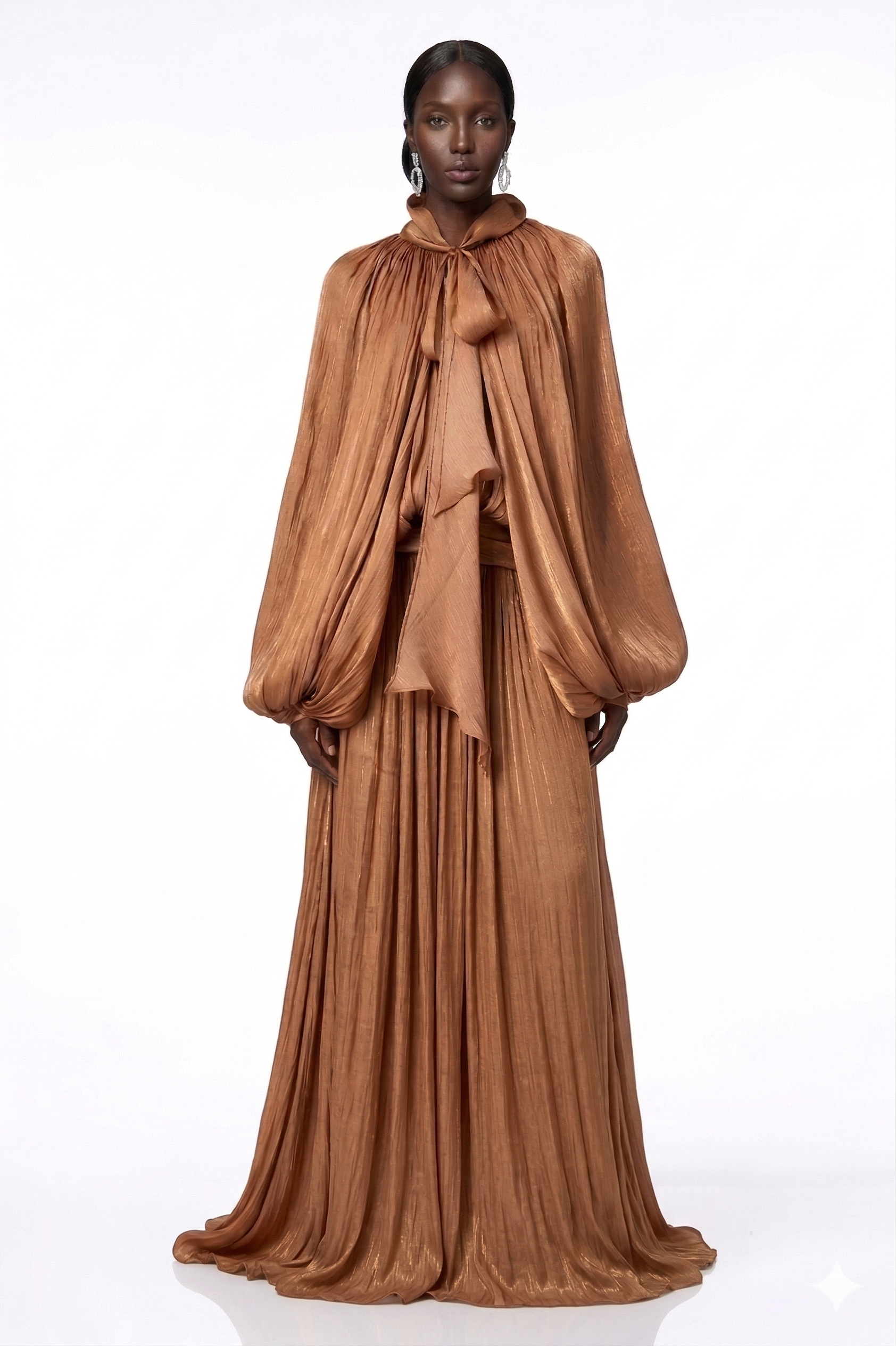 Aqil Brown Pleated Satin Maxi Dress