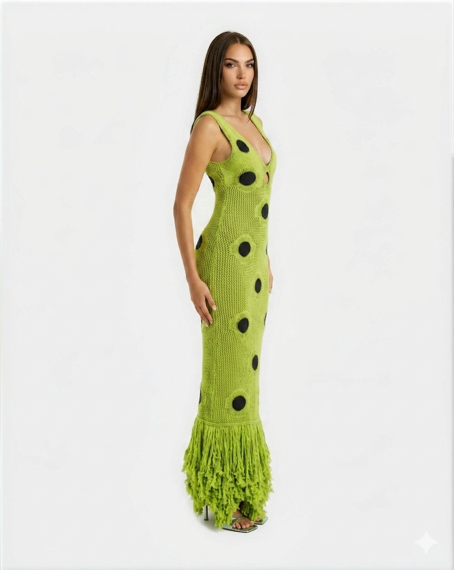 Lloyd Fringe Knit Maxi Dress In Chartreuse