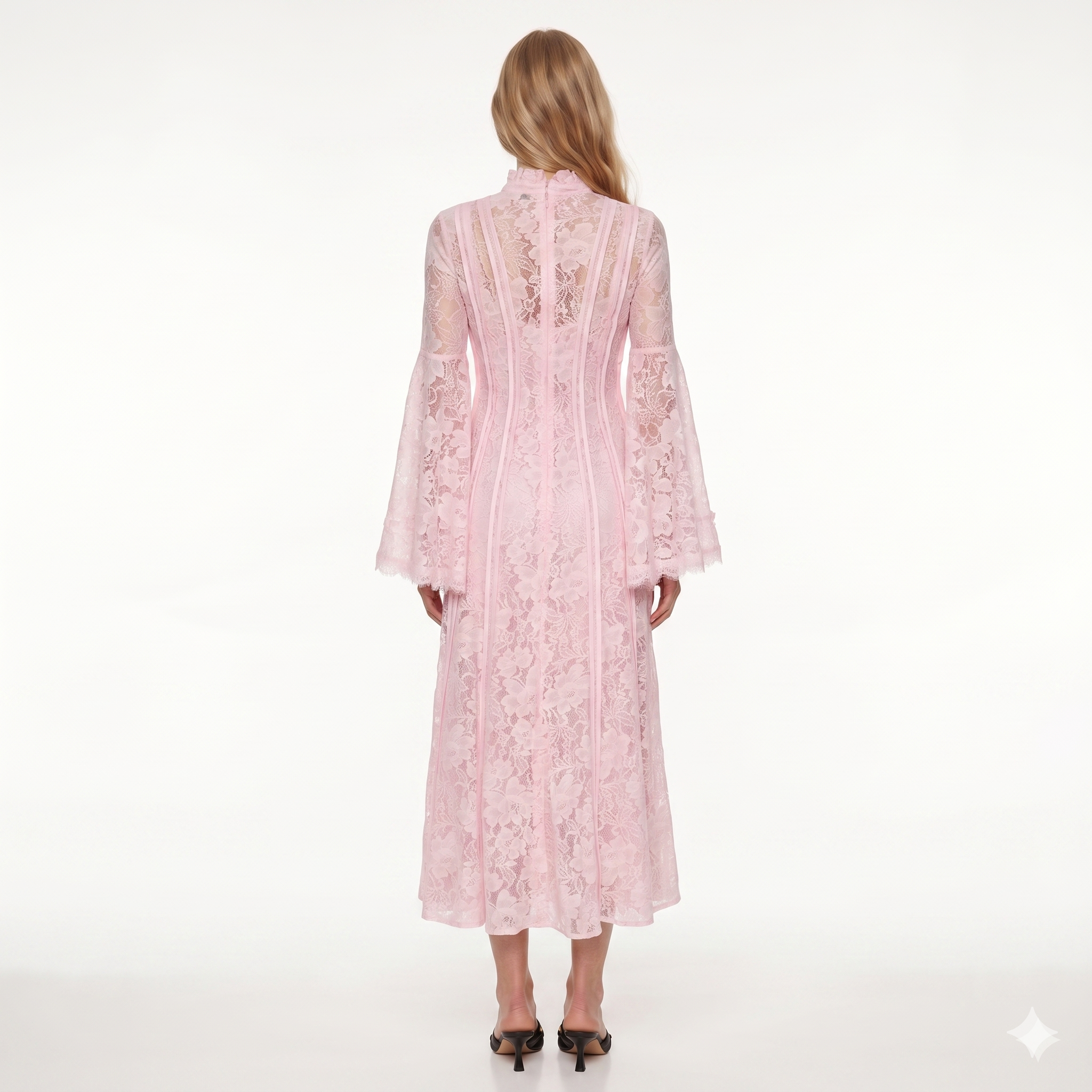 Pandorea Effortless French Elegance Blush Lace Bell Sleeve Dress