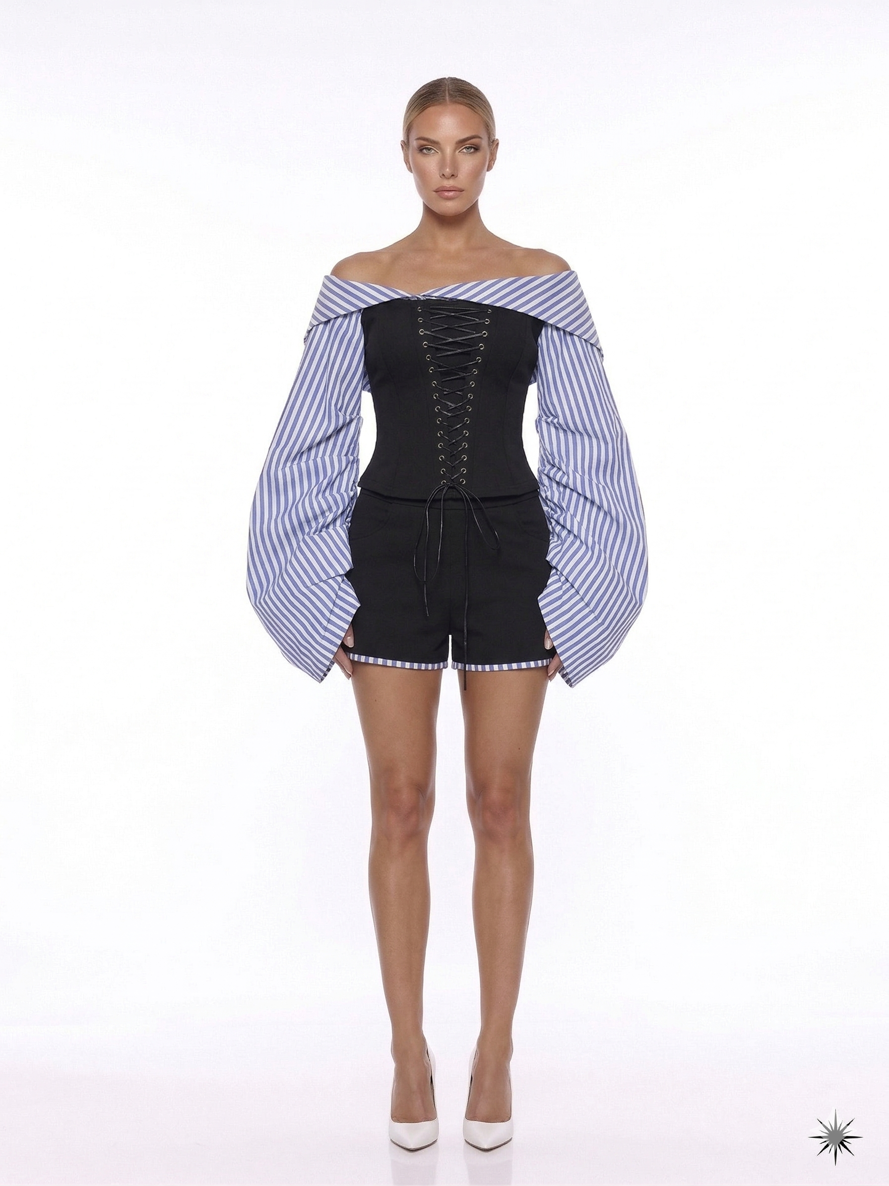 Waters Black Stripe Panel Blouse & Shorts Set