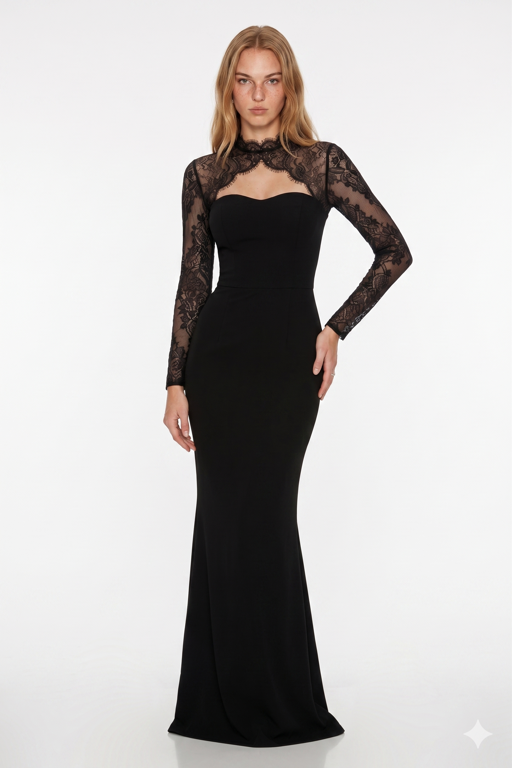 Borbála Black Lace Panel Maxi Gown