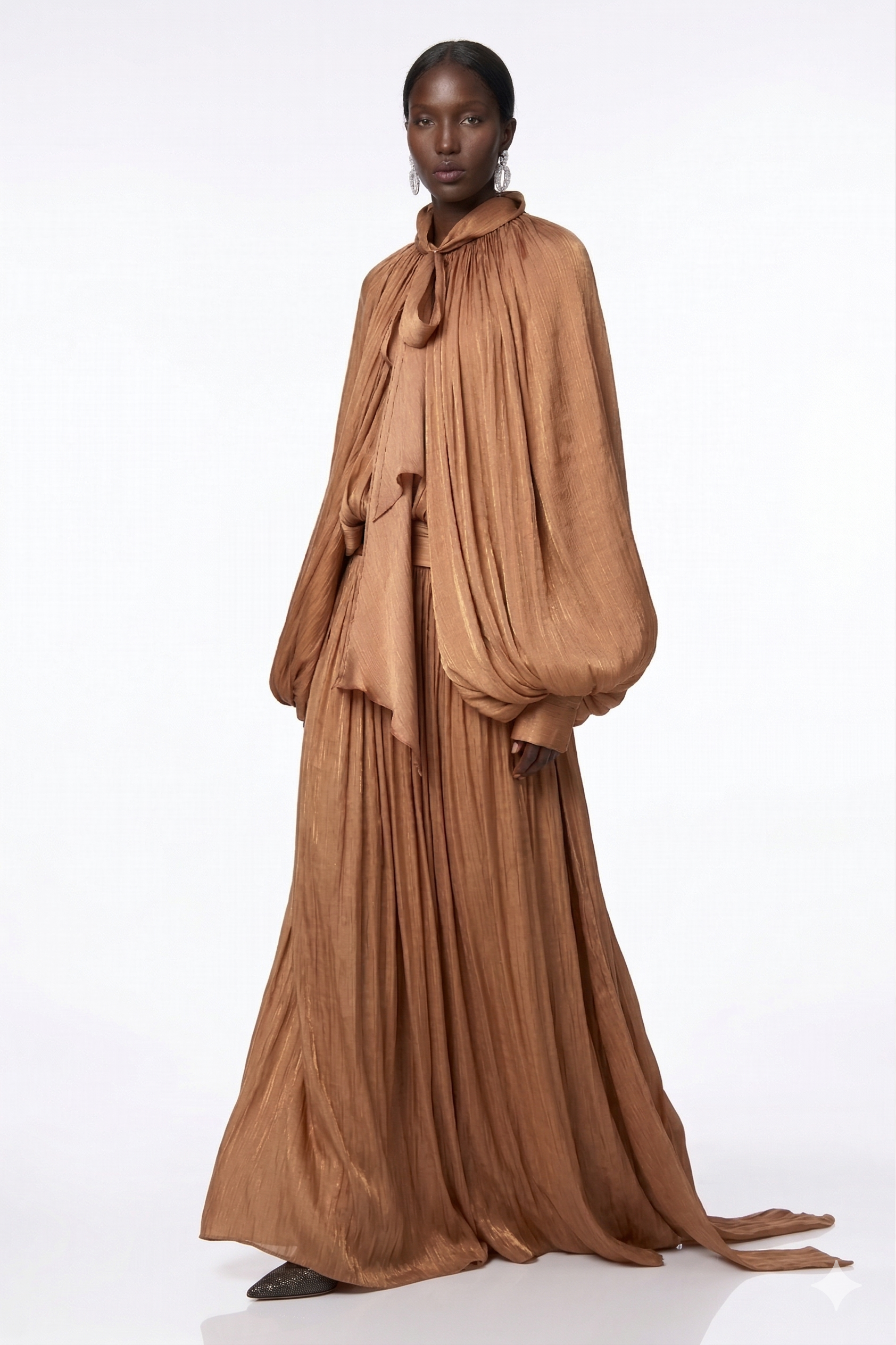 Aqil Brown Pleated Satin Maxi Dress