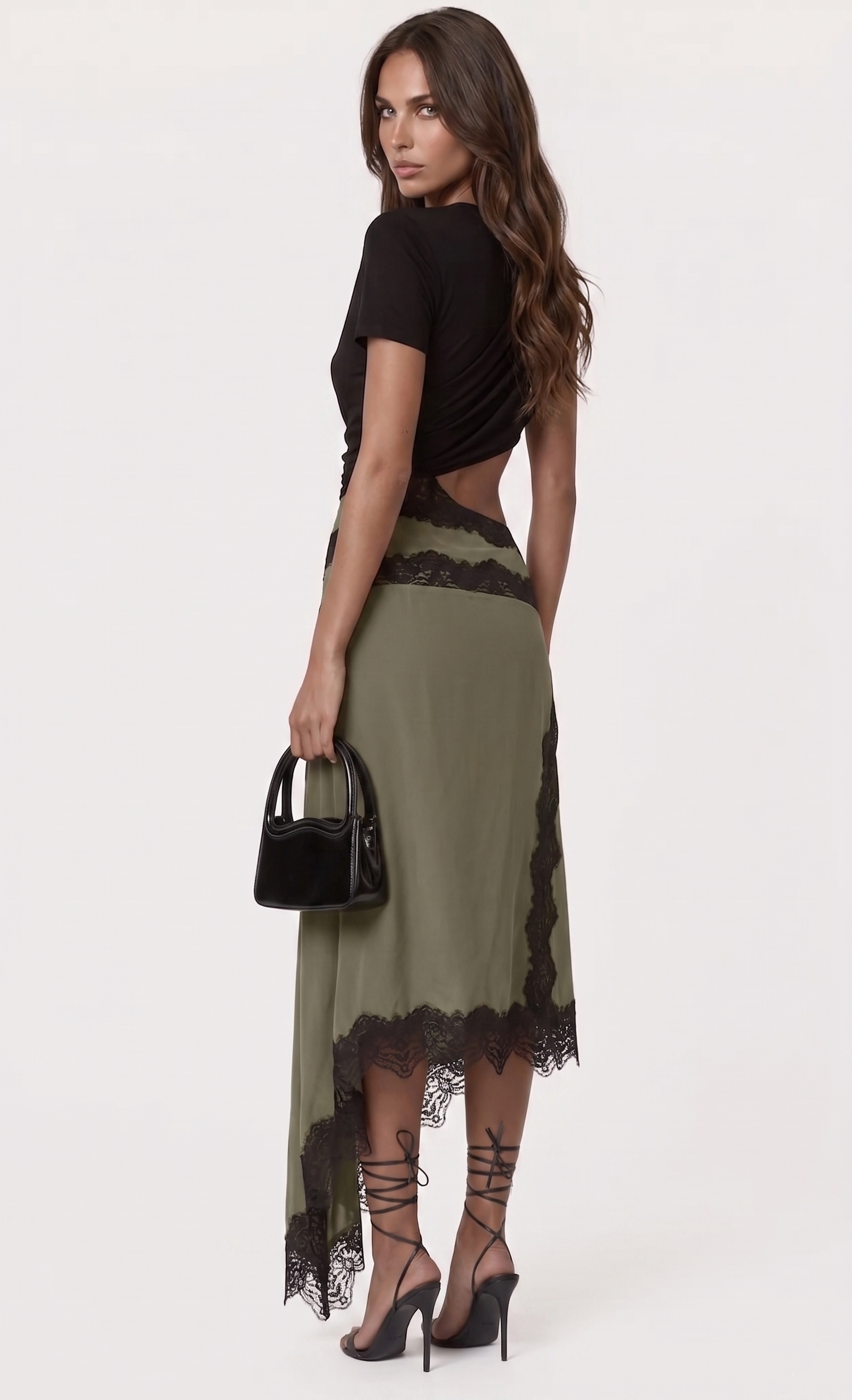 Diodore Asymmetric Lace Satin Maxi Dress