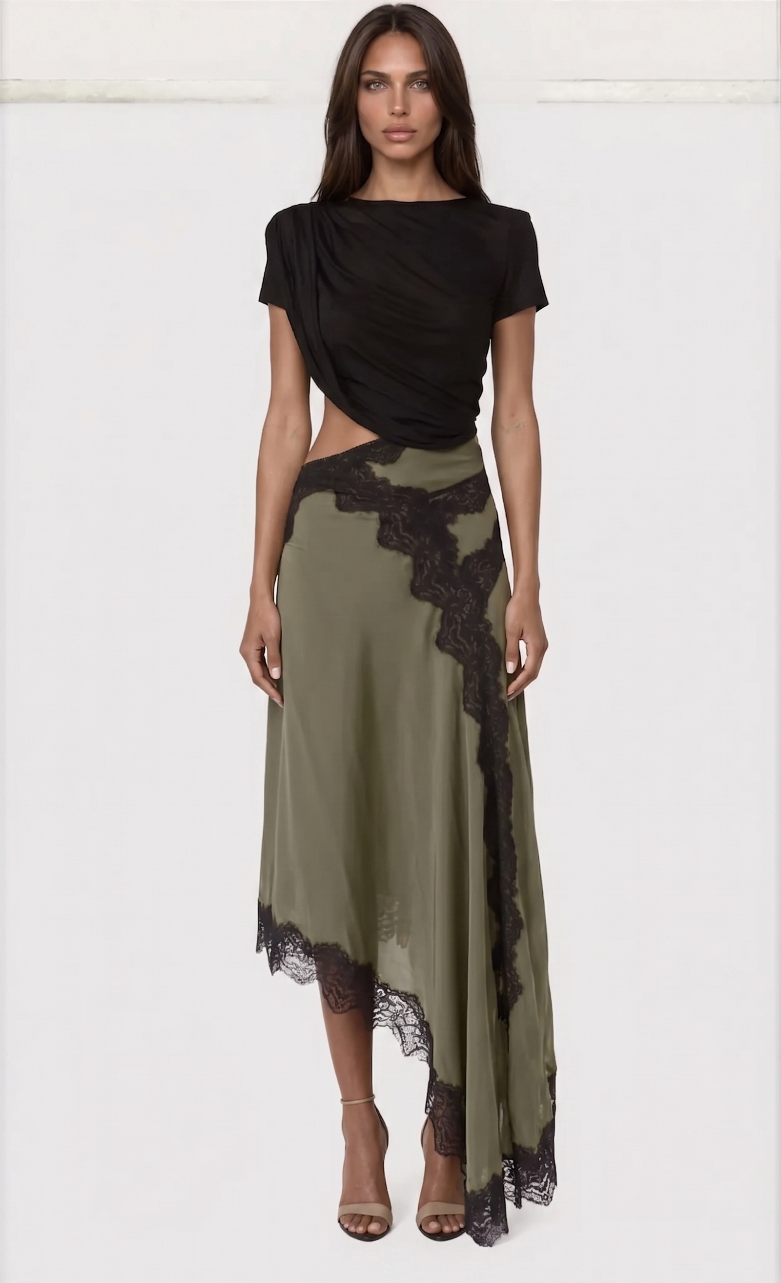 Diodore Asymmetric Lace Satin Maxi Dress