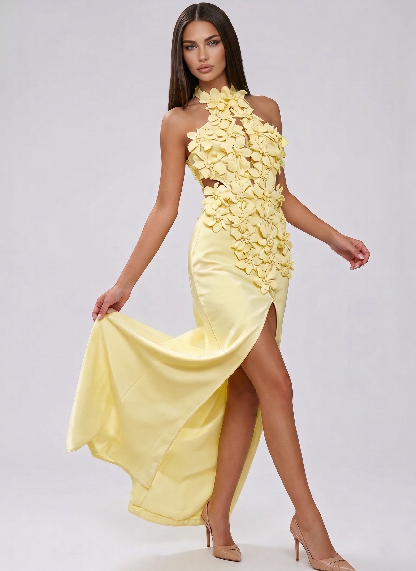 Felix Halter Neck Flower Split Maxi Dress In Yellow
