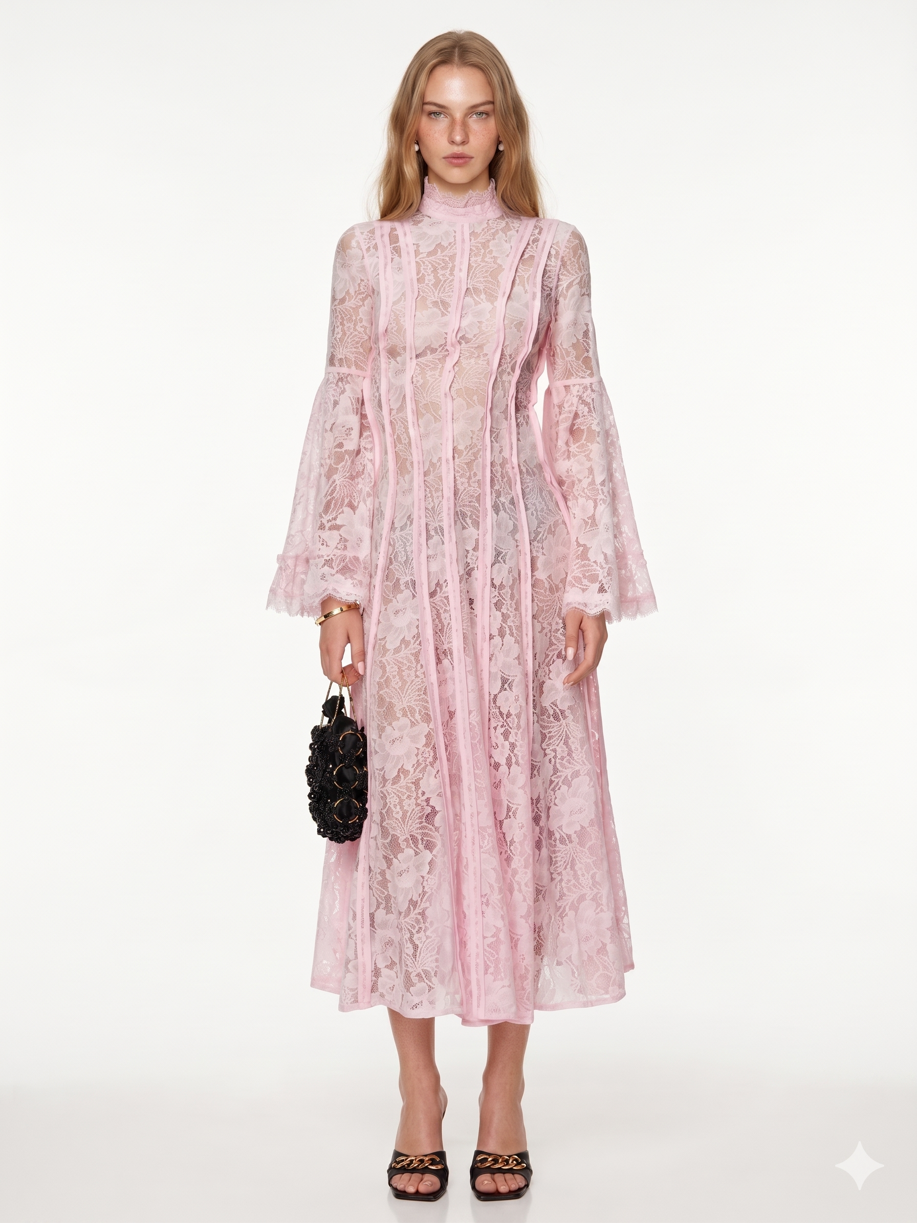 Pandorea Effortless French Elegance Blush Lace Bell Sleeve Dress