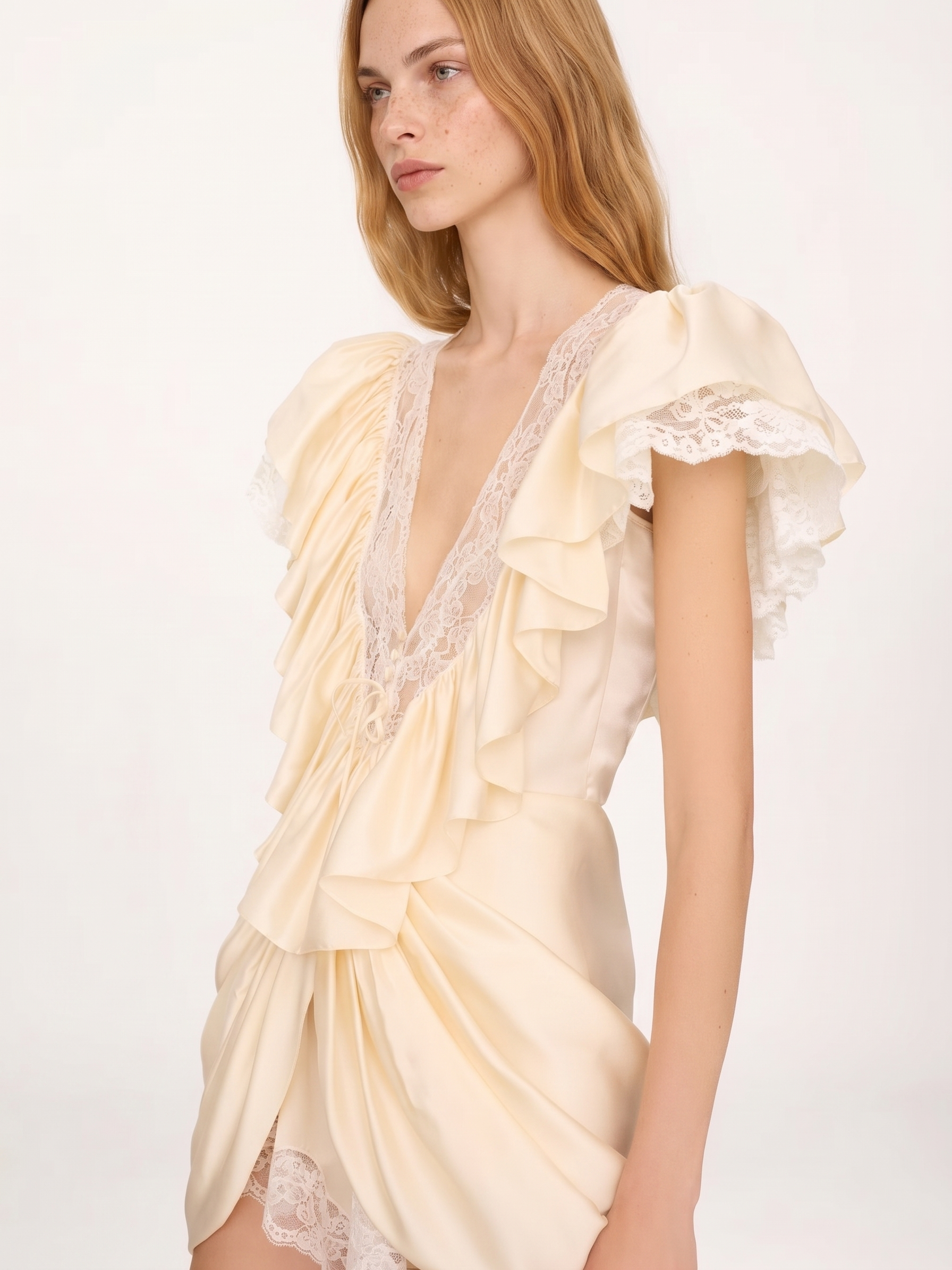 Isoldeia Cream Plunge Neck Satin Jumpsuit with Lace Panels